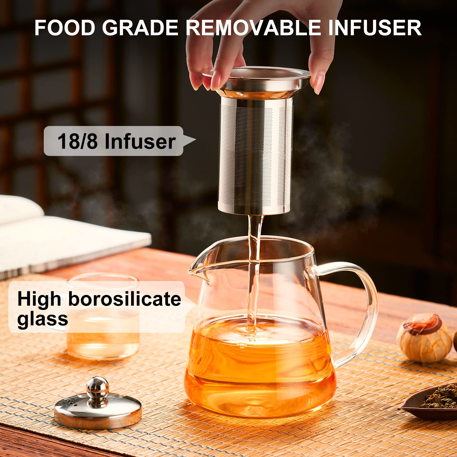 PARACITY 18.6 OZ Borosilicate Glass Teapot with Removable Stainless Steel Infuser - Clear Stovetop Tea Kettle for Blooming & Loose Leaf Tea - Perfect for Home, Office, Camping & Travel (550ML)