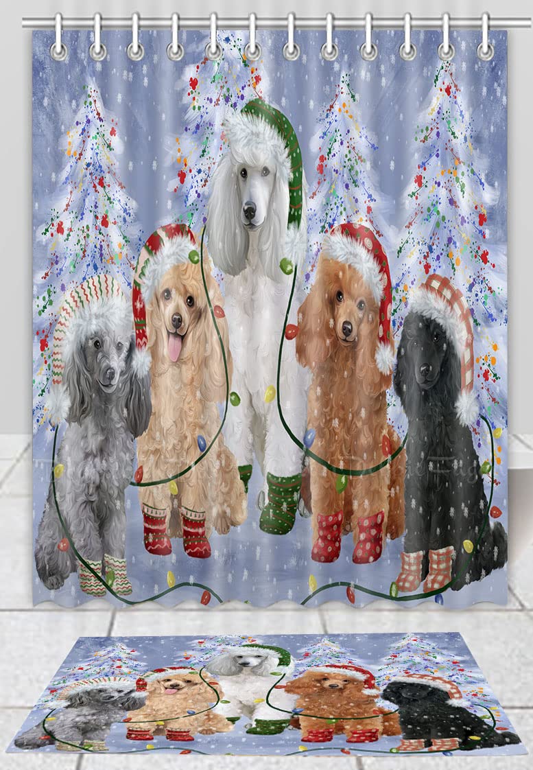 Christmas Lights & Poodle Dog Shower Curtain Set with Anti-Slip Bath Mat - 72