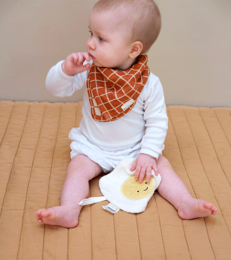 Fabelab Cinnamon Grid Fold Over Bib - Soft Organic Cotton Baby Bib for Messy Eaters - Perfect for Feeding Time, Daycare & Travel