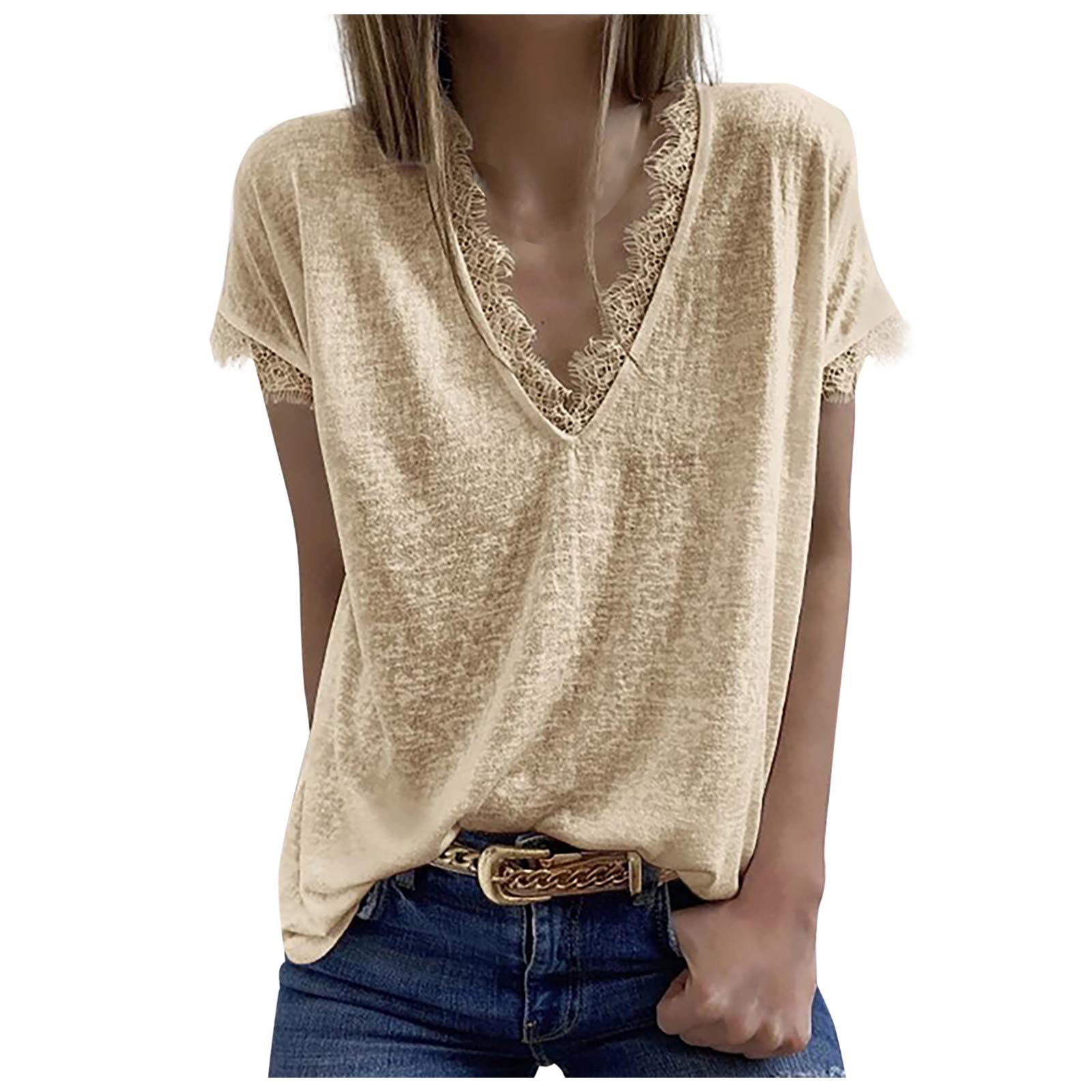 Women's Lace V-Neck Blouse - Lightweight Summer Short Sleeve Tunic Top in Pure Colors | Comfortable Casual Tee for Work, Date Night & Everyday Wear