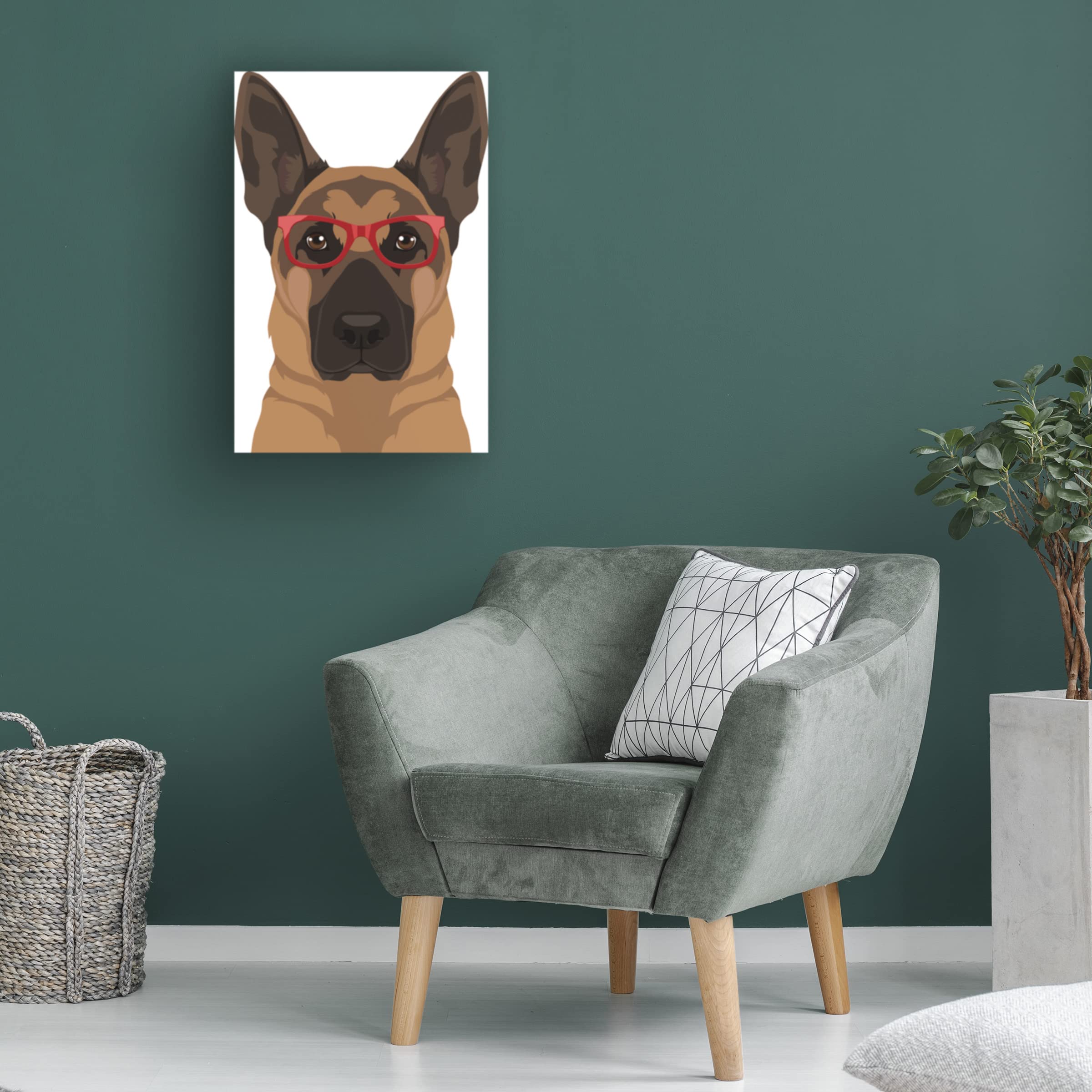 Trademark Fine Art 'German Shepherd Wearing Hipster Glasses' Canvas Wall Art Print - Funny Pet Dog Portrait for Living Room, Office & Home Decor