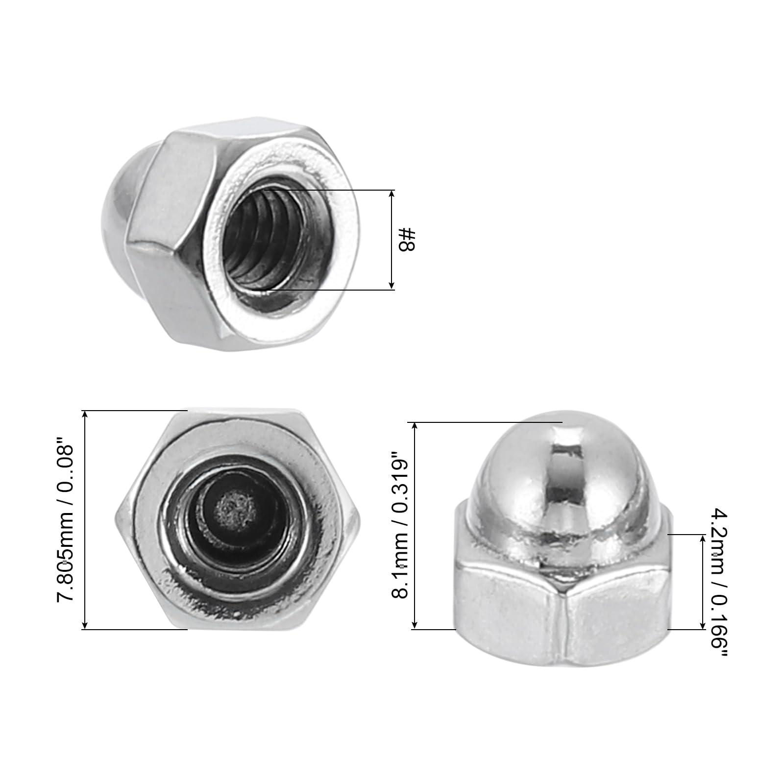 uxcell #8-32 Acorn Cap Nuts, 20Pcs 304 Stainless Steel Dome Cap Head Hex Nuts for Bolt Cover - Rustproof Hardware Fasteners for Furniture, Automotive & DIY Projects (Silvery Finish)