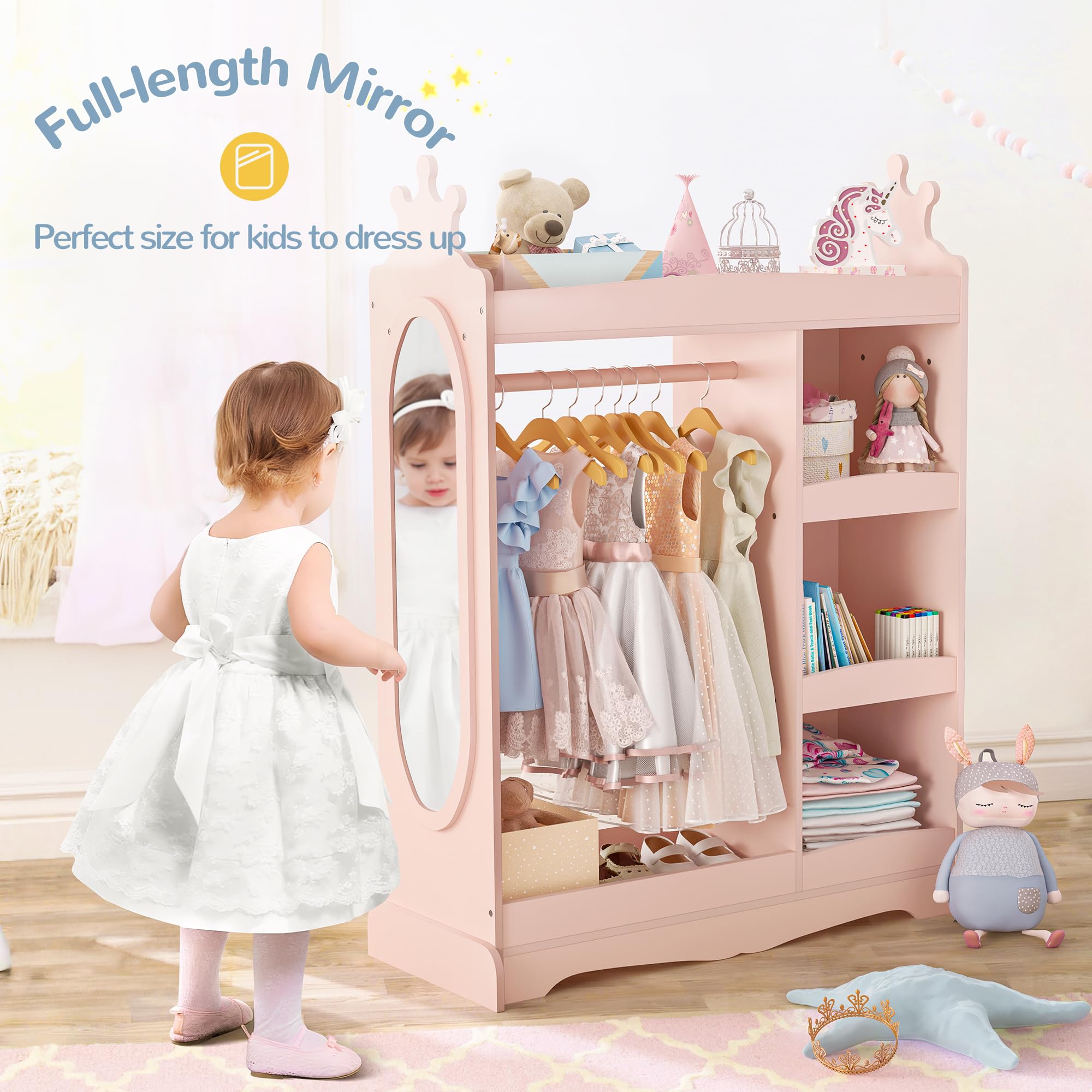 Pink Kids Wardrobe with Mirror & 3 Hooks - Girls Boys Closet Organizer, Costume Storage Armoire for Bedroom - Perfect for Toy Storage, Dress-Up Play & Bedroom Organization