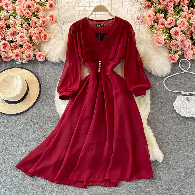 Vintage French Style Autumn Chiffon Dress with Puff Sleeves, High Waist & V-Neck - Elegant Retro Long Skirt for Fall Weddings, Date Nights and Office Wear