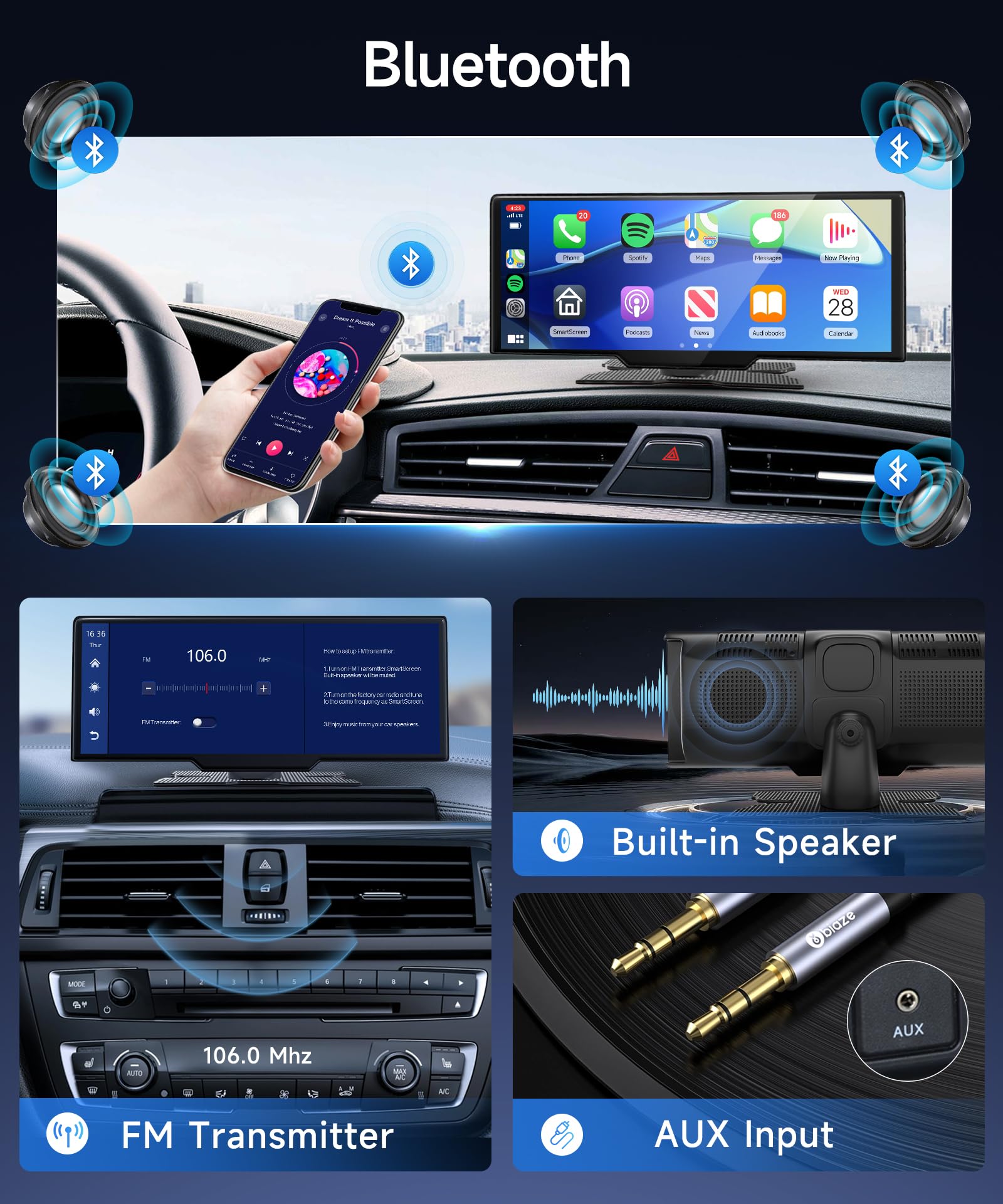 Rimoody 10.26 Inch Portable Car Stereo with Wireless CarPlay & Android Auto - Touchscreen Bluetooth Head Unit with Siri, Rear Backup Camera, Voice Control, TF Card Support (9V-36V) for Road Trips & Daily Commuting