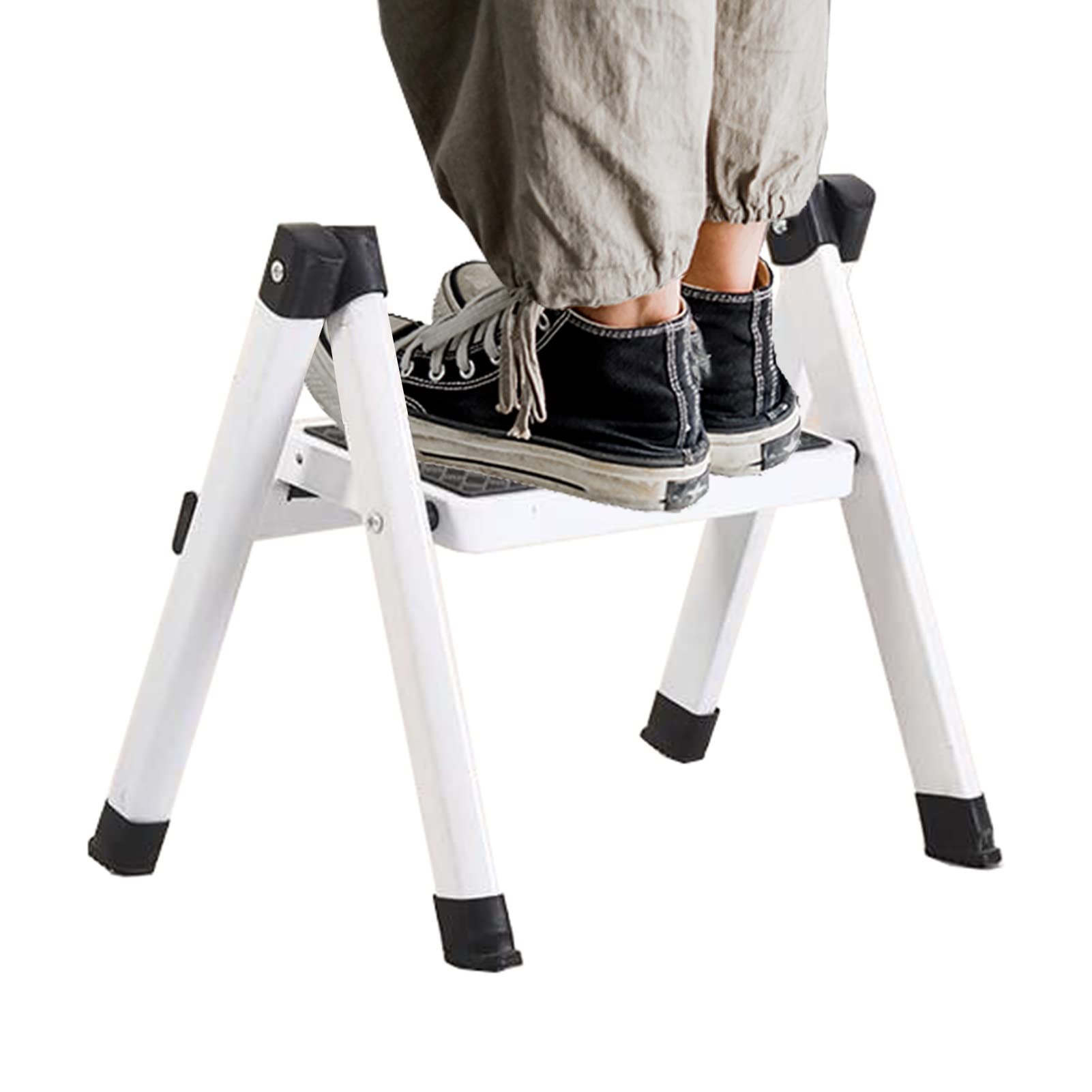 Portable Metal Mini Folding Step Stool - Lightweight Compact Ladder for Kitchen, Bedroom, Office, Library & Balcony - Perfect for Reaching High Shelves, Changing Light Bulbs & Home Organization (White)