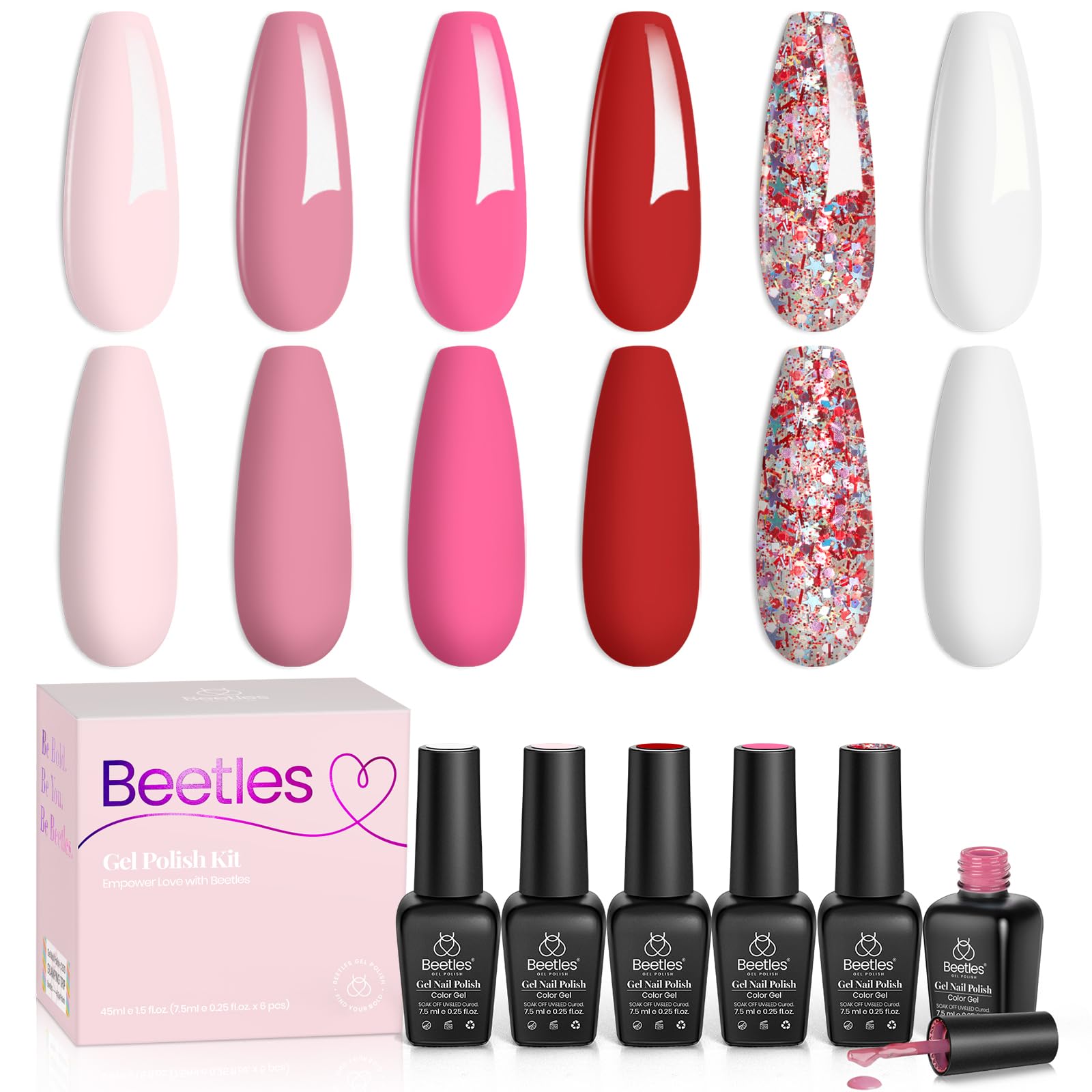 Beetles 6 Colors Pink Gel Nail Polish Set - Soak Off UV LED Nail Kit with Red, Nude, Pink, White & Glitter Shades | Fall in Love Collection | Perfect for Home Manicures, Nail Salon Use & Gift for Women & Girls