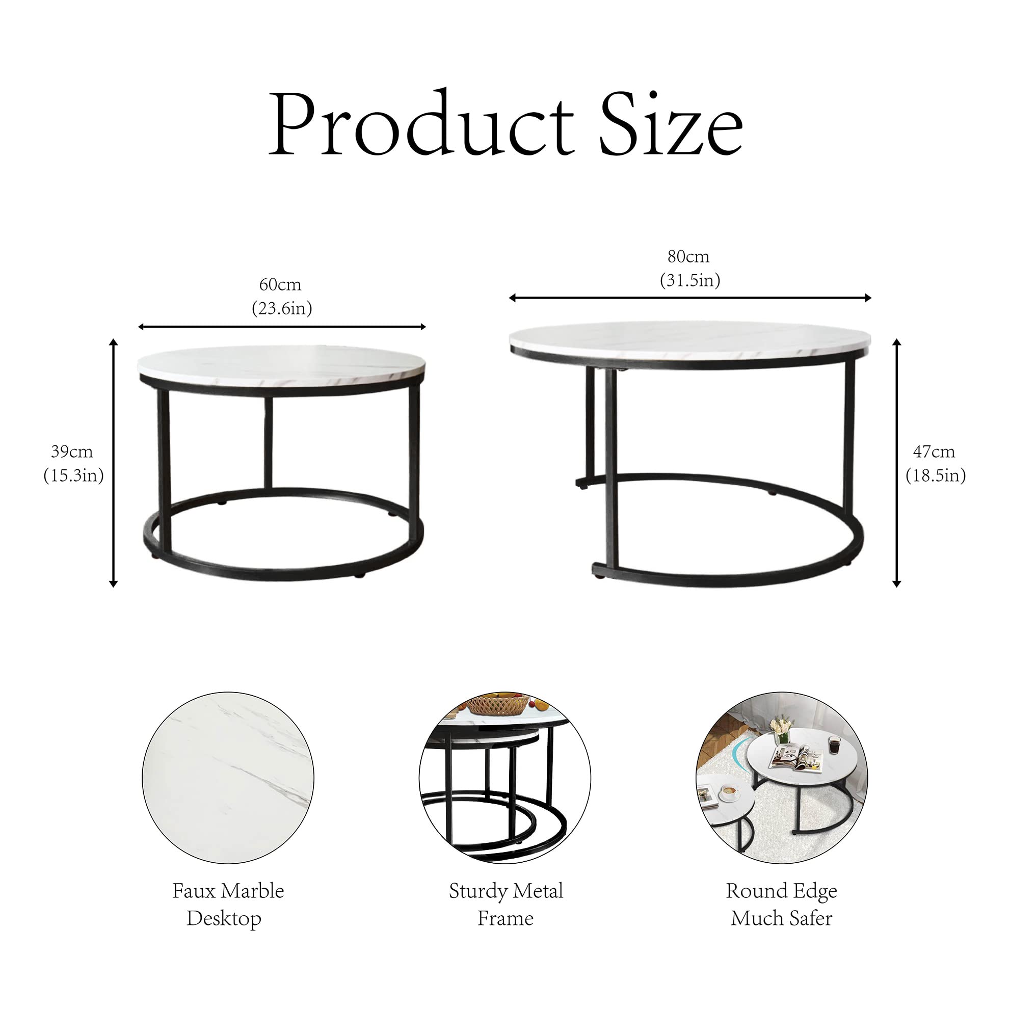 AT-VALY 2-Piece Round Nesting Coffee Table Set with Sturdy Metal Frame - 31.5
