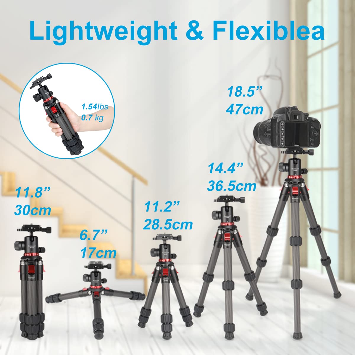 Koolehaoda Carbon Fiber Camera Tripod - Portable Compact Travel Tripod with 360° Ballhead, Mini Desktop Tripod for DSLR/Mirrorless Cameras (Max Load 22lbs/10kg) - Perfect for Travel, Vlogging & Outdoor Photography