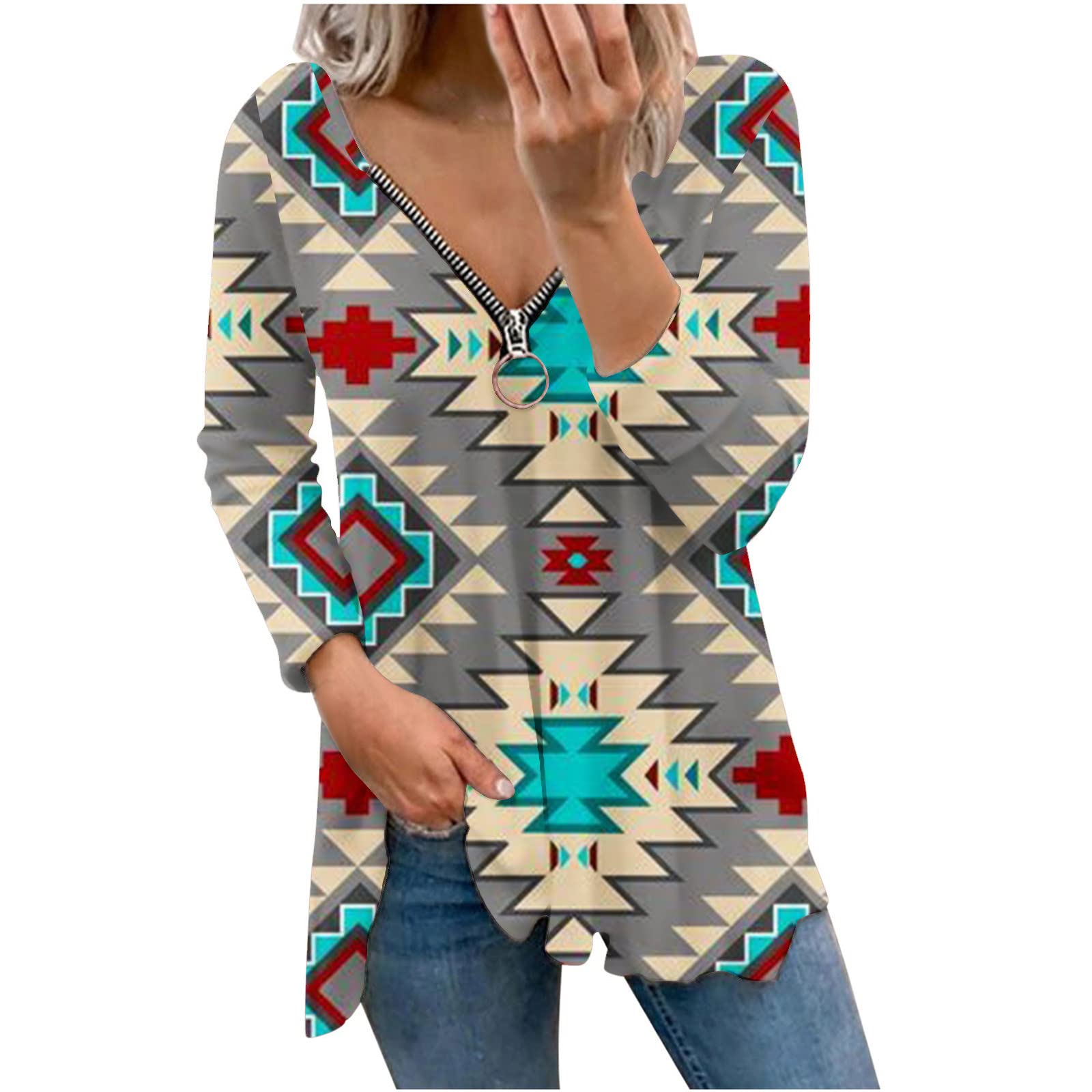Women's Long Sleeve Aztec Print Vintage Tunic Blouse - Loose Fit V-Neck Zip Up Sweatshirt for Fall Fashion | Casual Wear, Boho Style, Layering Outfits & Autumn Outings
