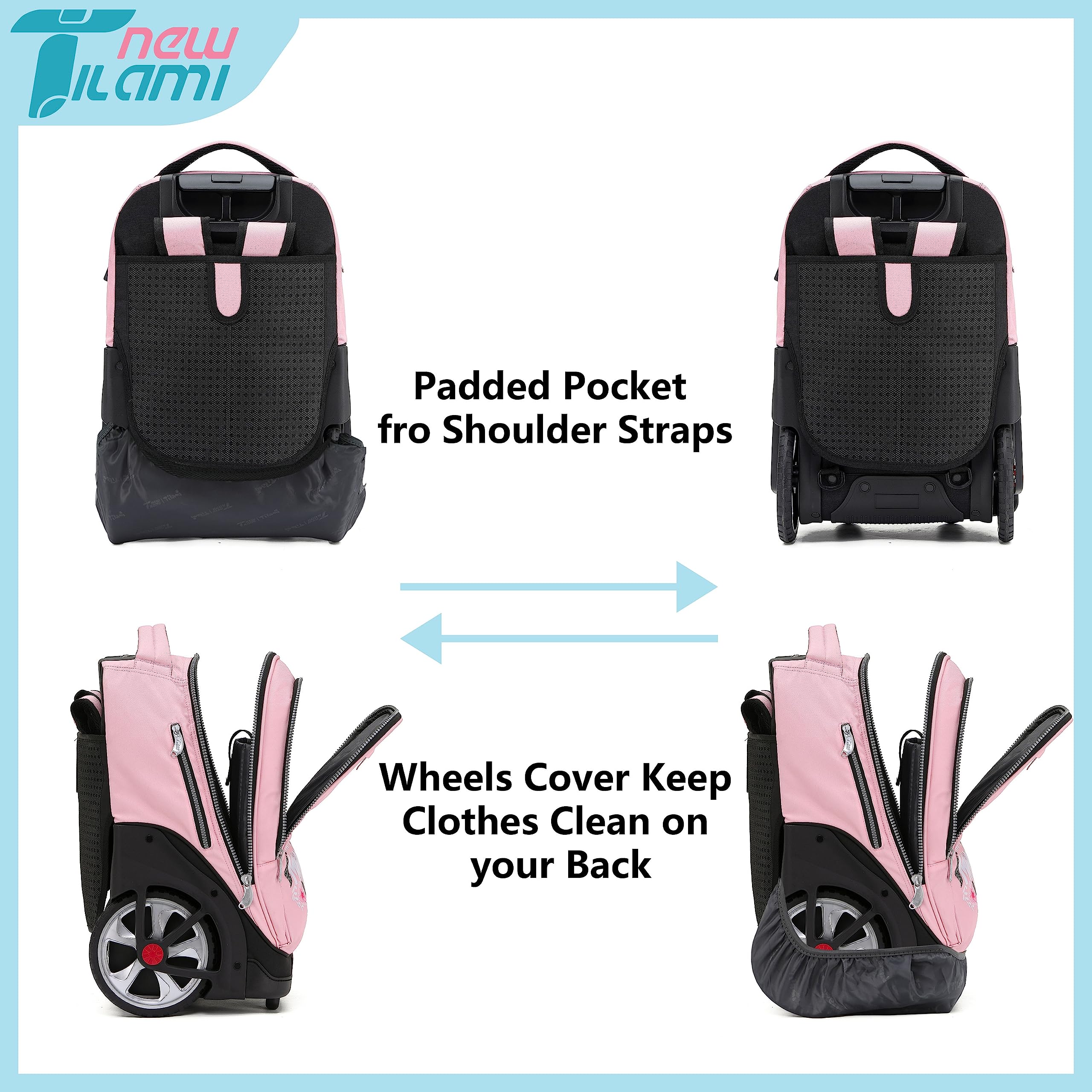 TILAMI 19 Inch Rolling Backpack for Teens - Cute Wheeled Laptop Backpack, Pink Floral Design - Perfect for School, College, Travel & Work Commute