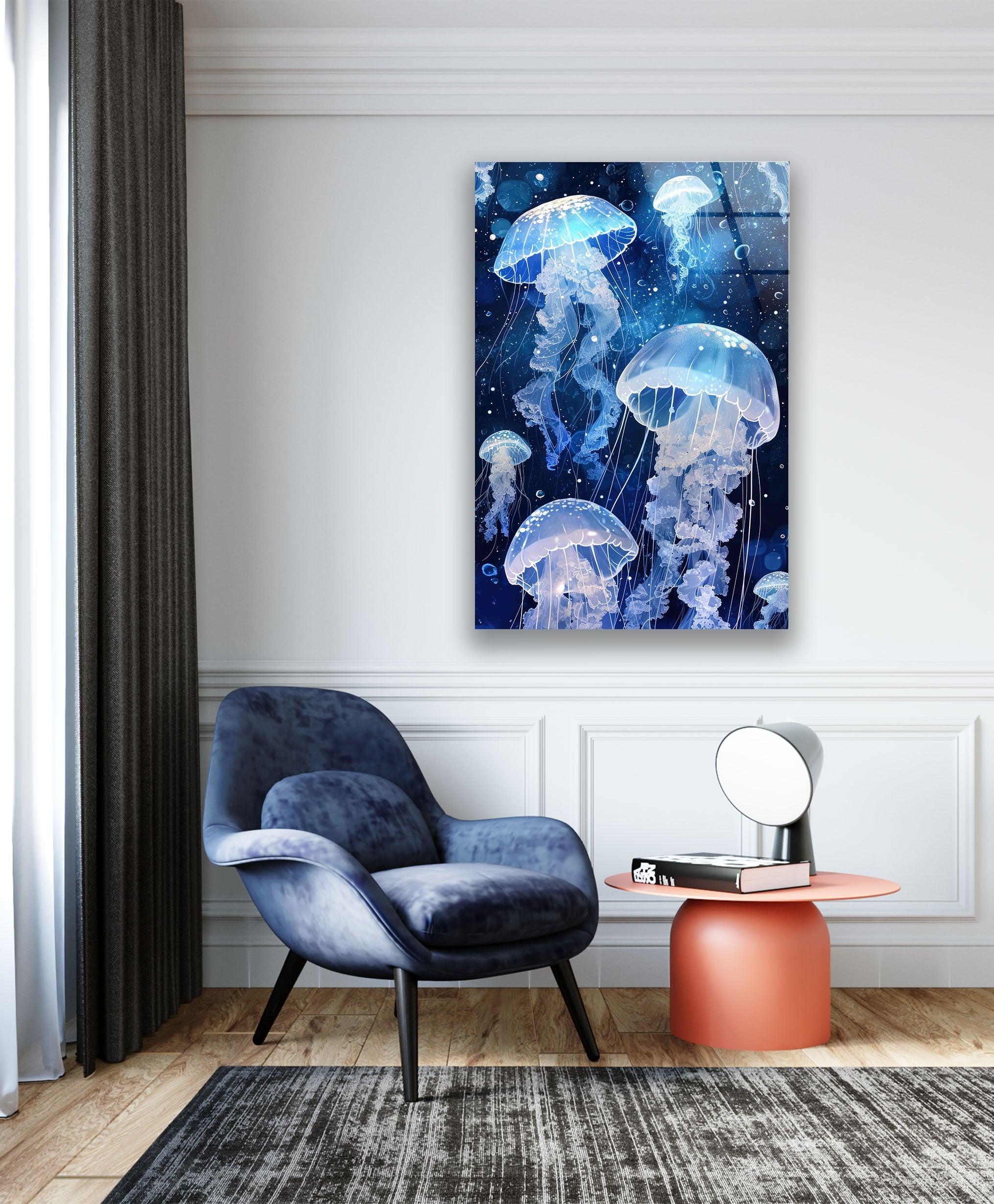 Arctic Jellyfish Glass Wall Art - Handmade Ocean-Themed Home Decor for Living Room, Bedroom & Office - Unique Sea Creature Wall Hanging for Coastal & Modern Interior Design