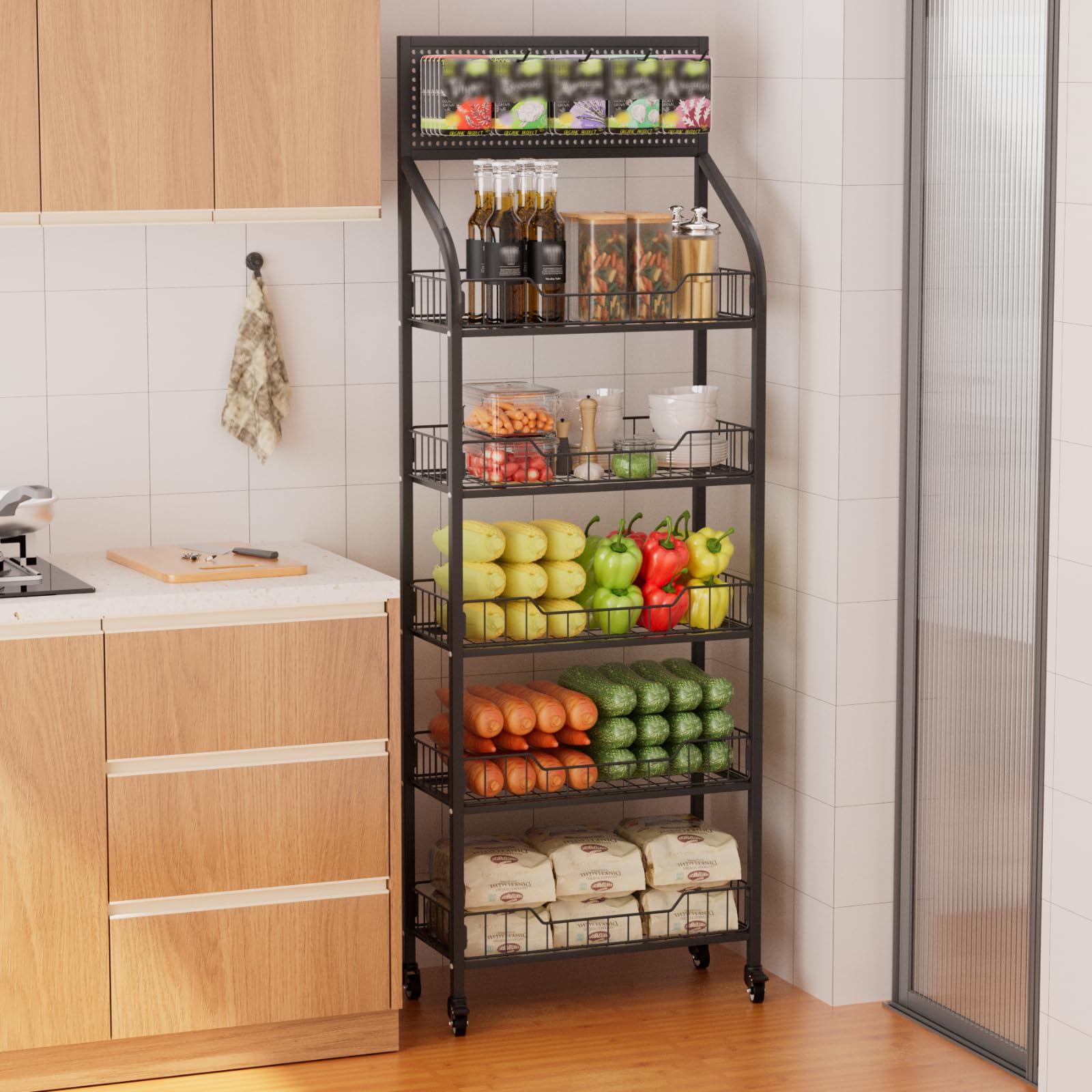5-Tier Black Metal Candy Display Rack - 23.6x10.6x67 Inch Snack Organizer Stand for Retail Stores, Kitchen & Office - Sturdy Chip Shelf for Bread, Chips & Snacks Display - Perfect for Convenience Stores, Supermarkets & Cafeterias