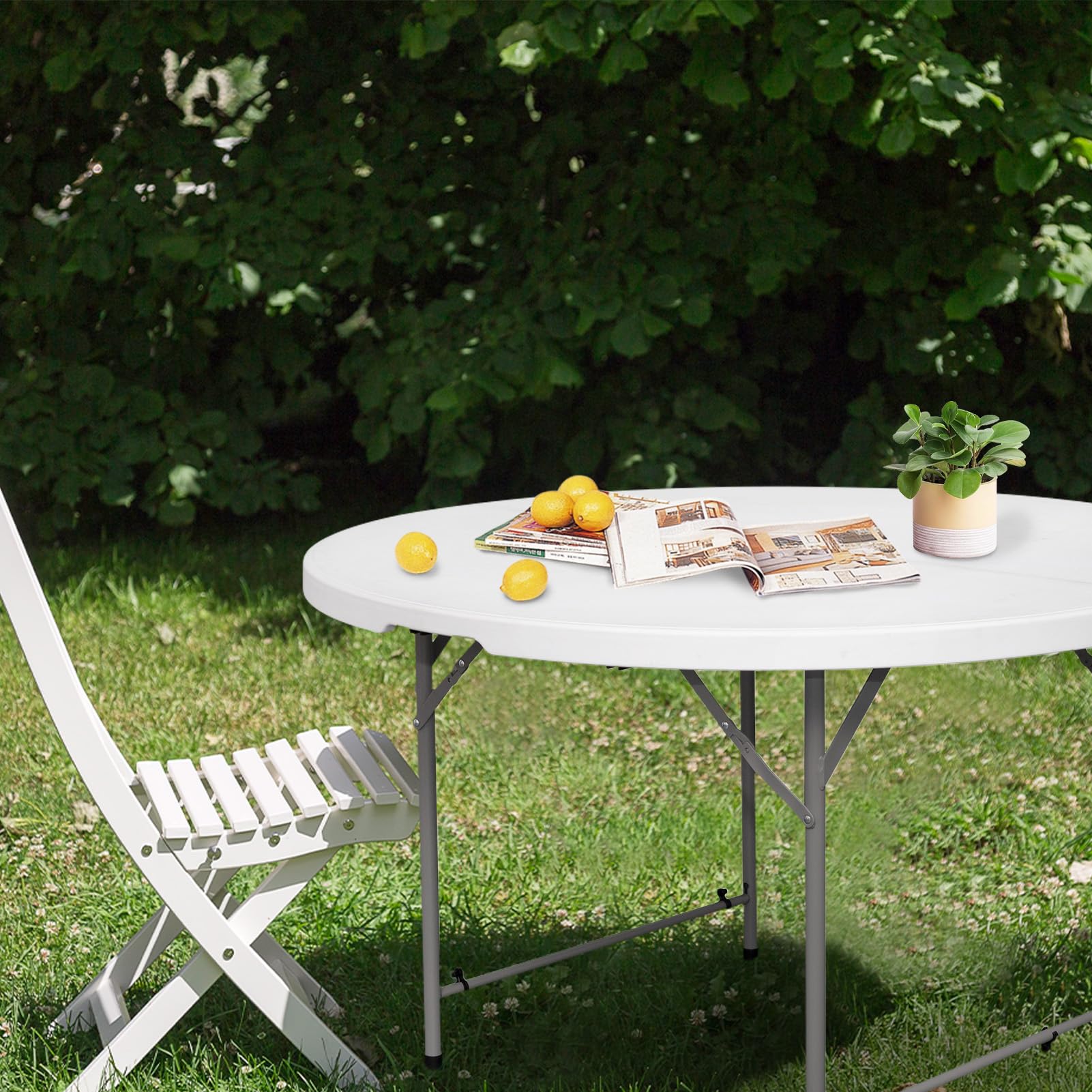 48in Round Folding Table with Carrying Handle - White 4ft Portable Plastic Dining Table for Kitchen, Outdoor, Party, Wedding & Events | Perfect for Picnics, BBQs, Banquets and Home Use