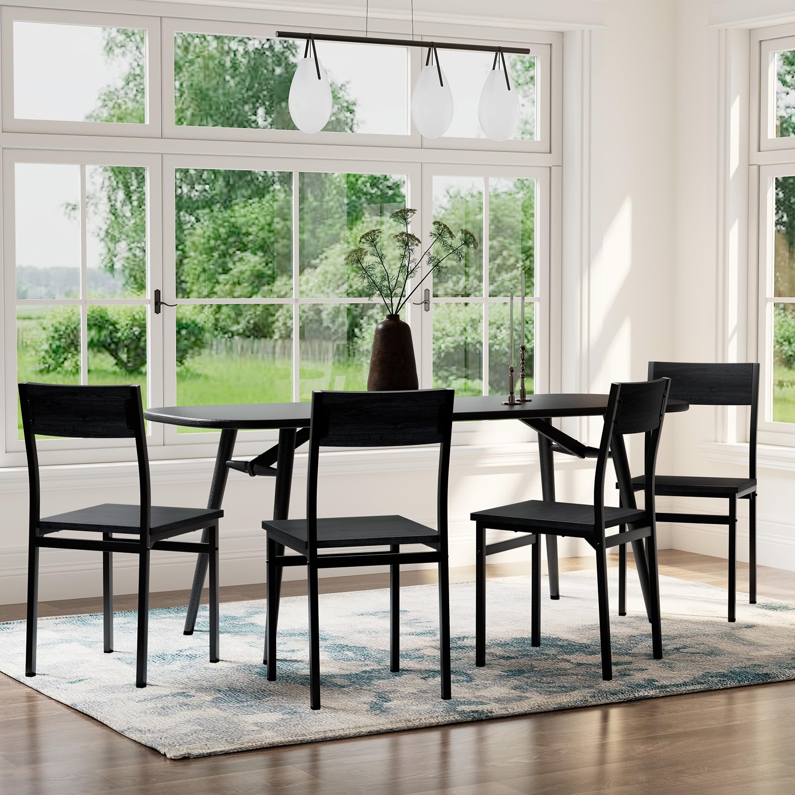 4-Piece Rustic Wood Dining Chairs Set with Metal Steel Frame & Slat Back - Modern Farmhouse Style Kitchen, Dining Room & Living Room Seating (Black) - Perfect for Family Gatherings, Dinner Parties & Home Decor