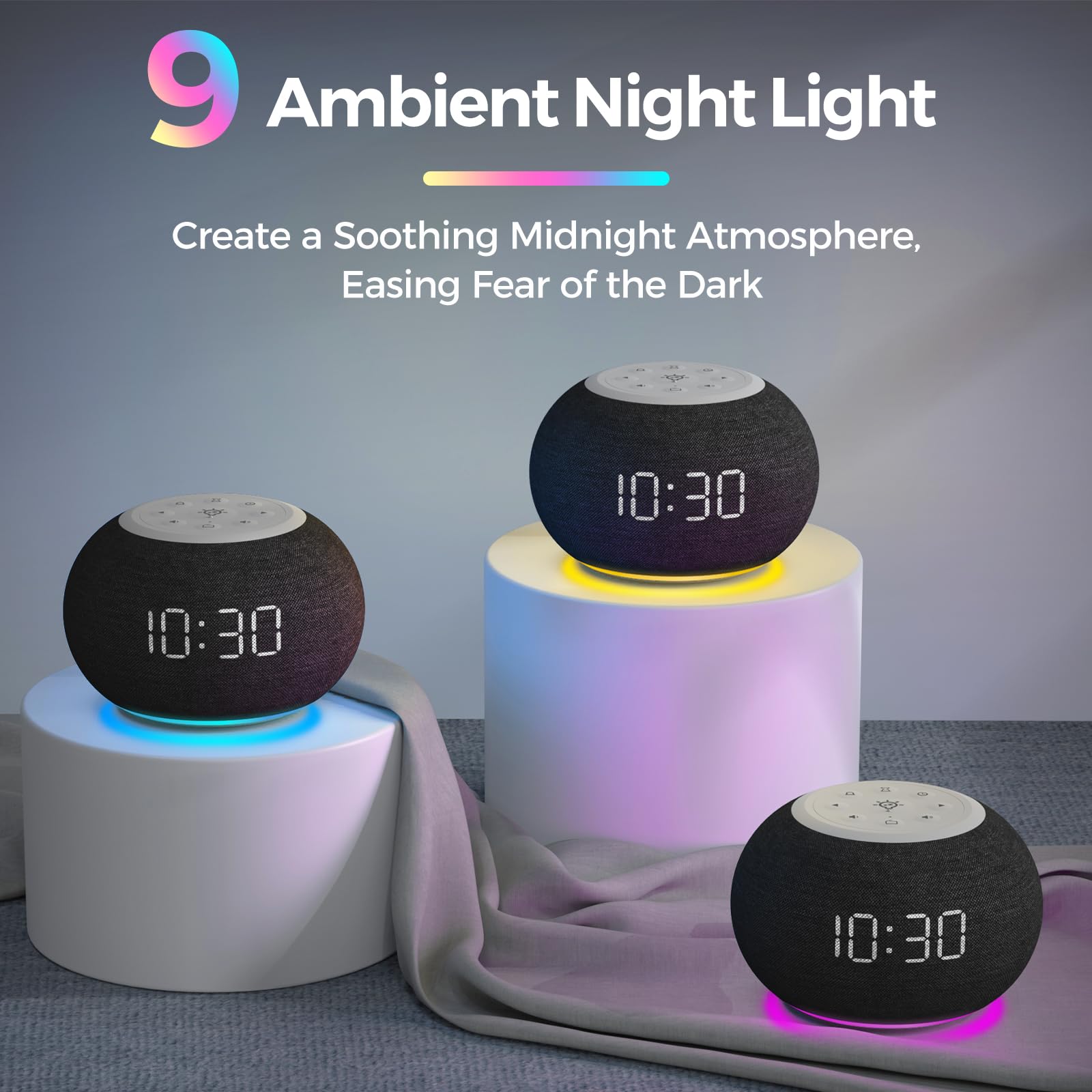 REACHER Auto Dimmable Alarm Clock Radio with FM Radio & 9-Color Night Light - Digital Bedside Clock with 0-100% Dimmer, 7 Wake Up Sounds & Sleep Timer - Perfect for Bedrooms, Home Office & Travel Use