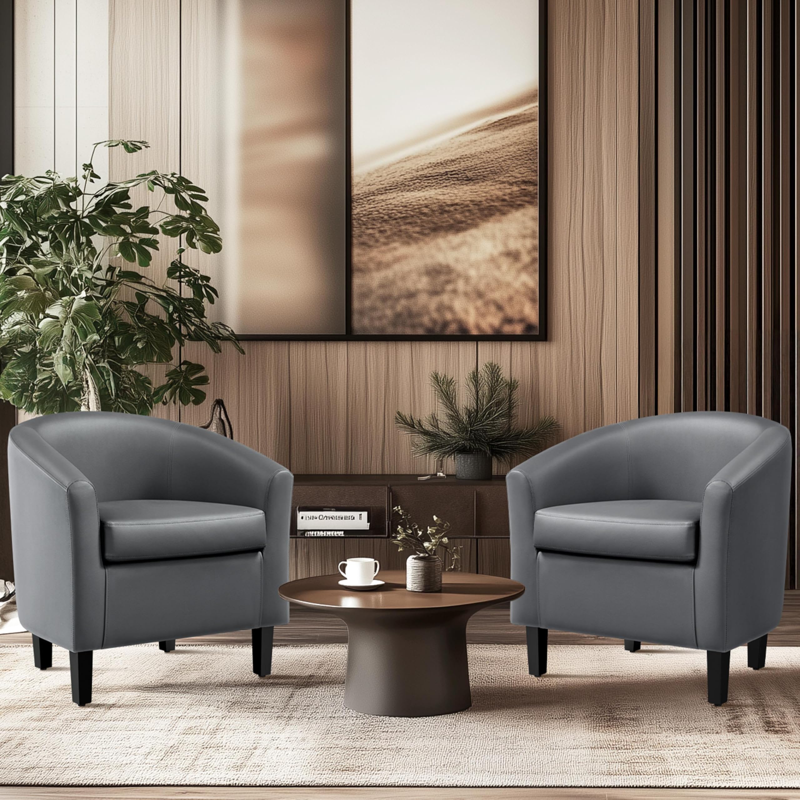 Yaheetech 2-Pack Gray Faux Leather Barrel Chairs - Modern Club Chairs with Sturdy Wood Legs for Living Room, Bedroom, Office - Comfortable Accent Seating for Home, Reading Nook & Waiting Areas