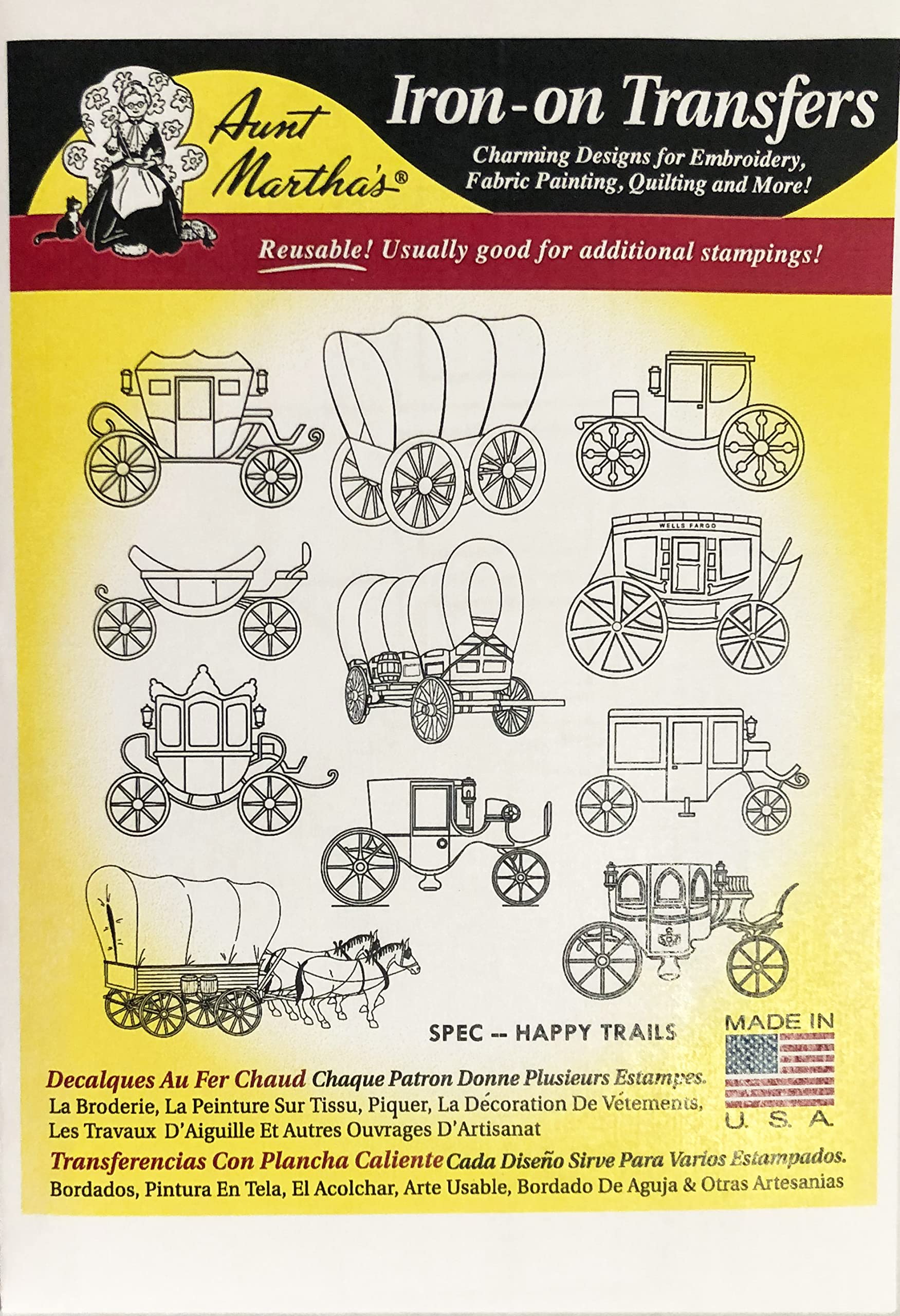 Happy Trails Aunt Martha's Iron-On Transfer Patterns for Embroidery - DIY Craft Designs for T-Shirts, Tote Bags & Home Decor Projects