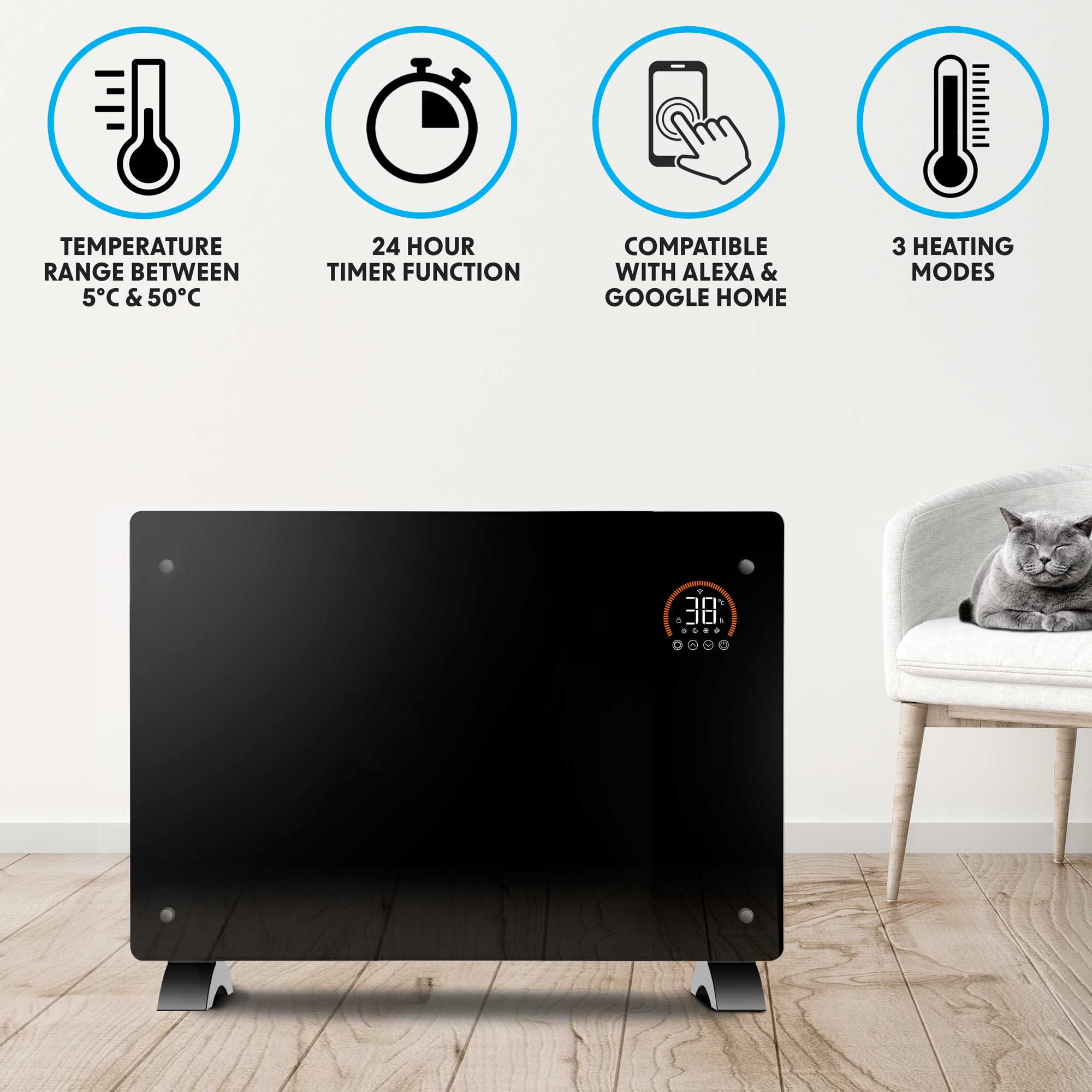 Baridi 2000W Smart WiFi Electric Glass Panel Heater with 24/7 Timer & Remote Control - Black DH139 - Perfect for Bedroom, Office & Home Heating