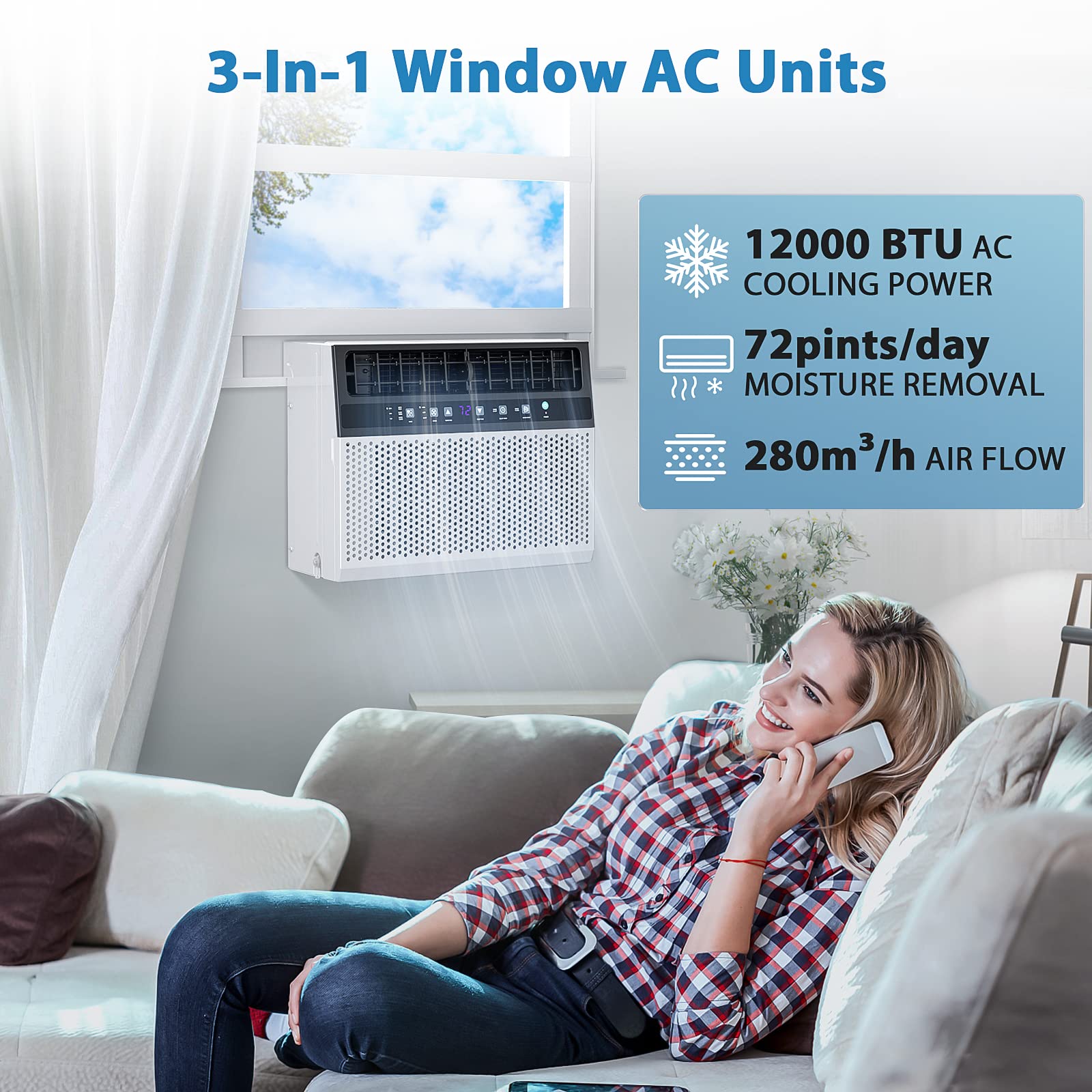 12000 BTU Window Air Conditioner - Joy Pebble AC Unit Cools Rooms Up to 550 Sq.Ft with 3 Fan Speeds, Dehumidifier, 24H Timer & ECO Mode - Perfect for Bedrooms, Living Rooms and Home Offices