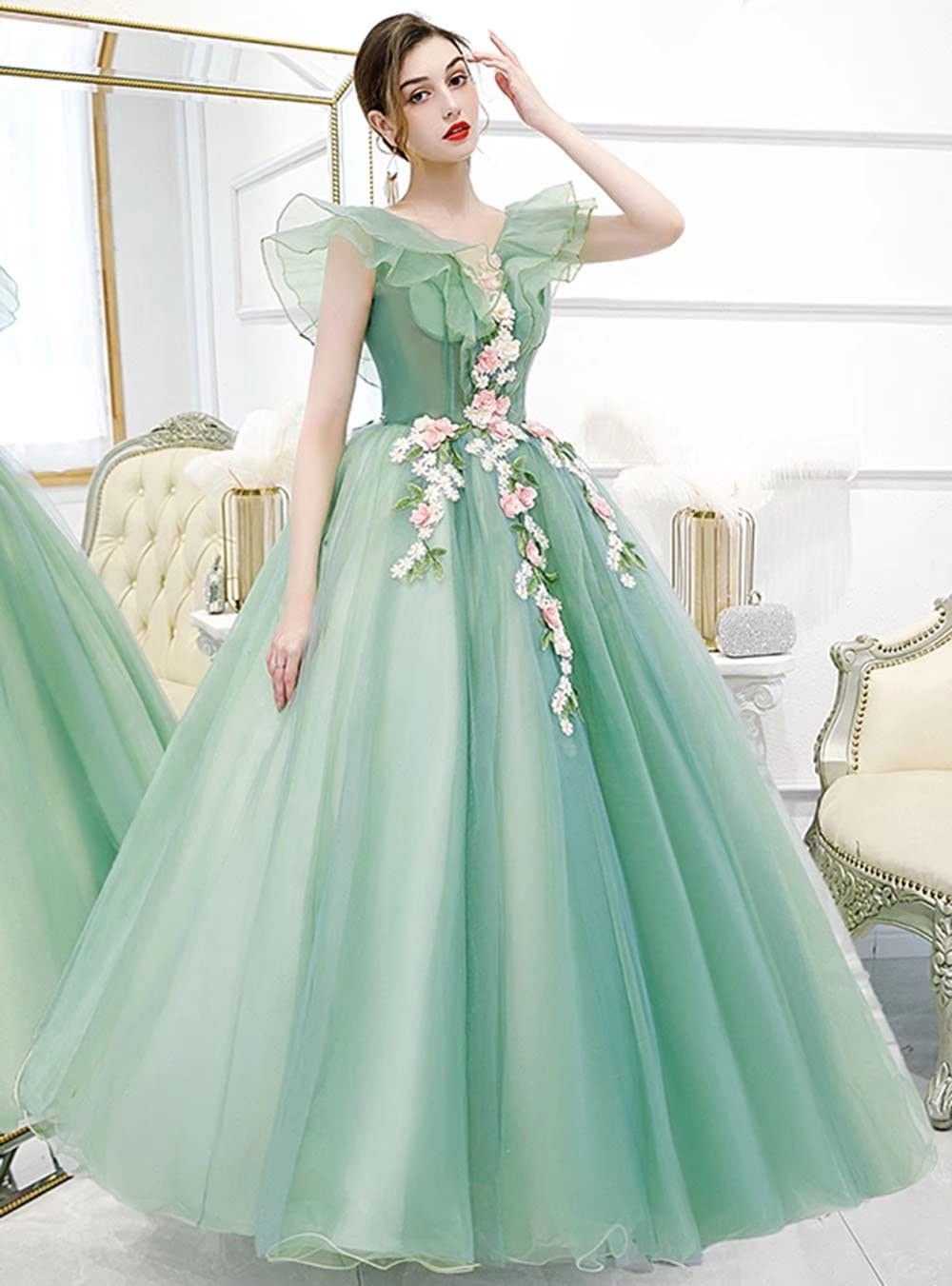 FTBY Women's Long Tulle Ball Gown - V Neck Plus Size Prom Dress with Applique for Quinceañera, Wedding & Special Occasions | Elegant Formal Evening Gown for Parties & Dances