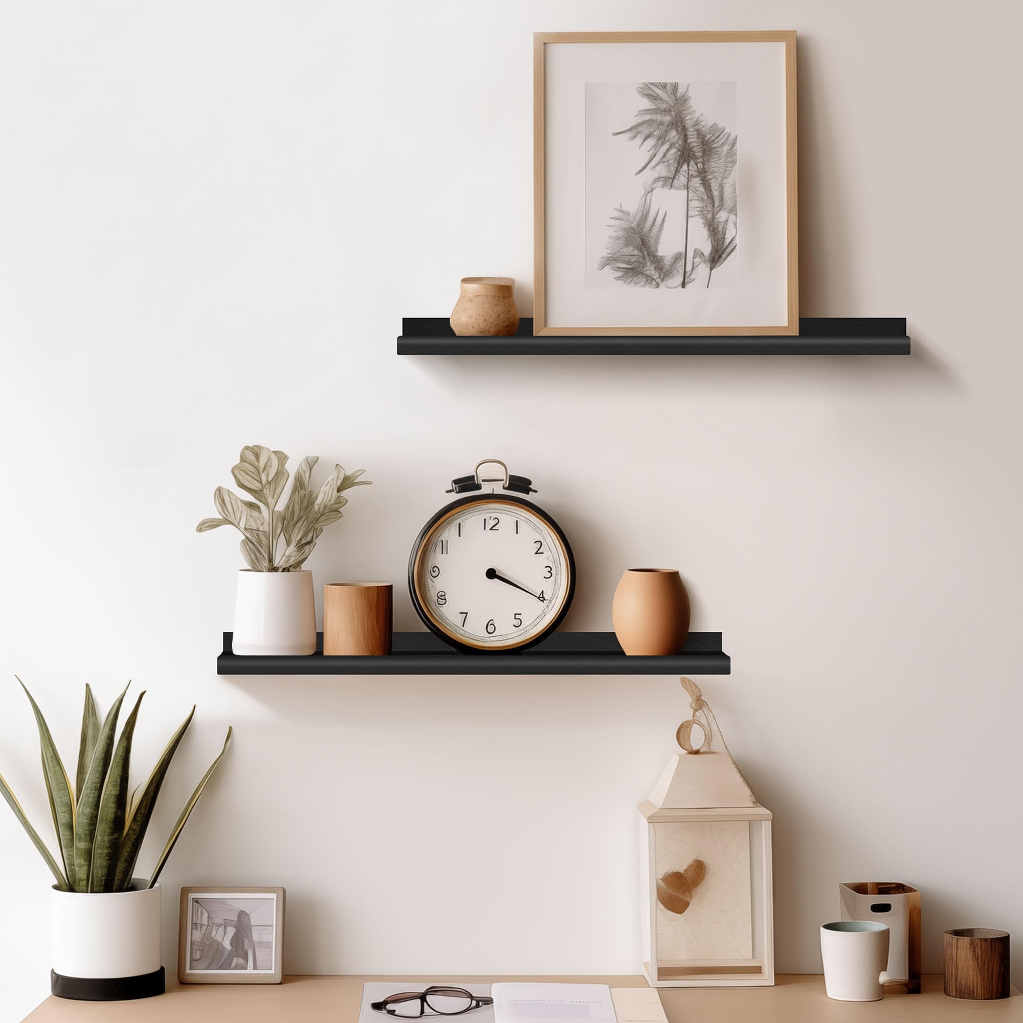 Annecy Floating Shelves Set of 3 - 23.6 Inch Black Rustic Wood Wall Shelves with Guardrail | Storage Shelves for Bedroom, Bathroom, Kitchen & Office | 3 Different Sizes | Perfect for Home Decor, Organizing & Displaying Photos/Books/Plants