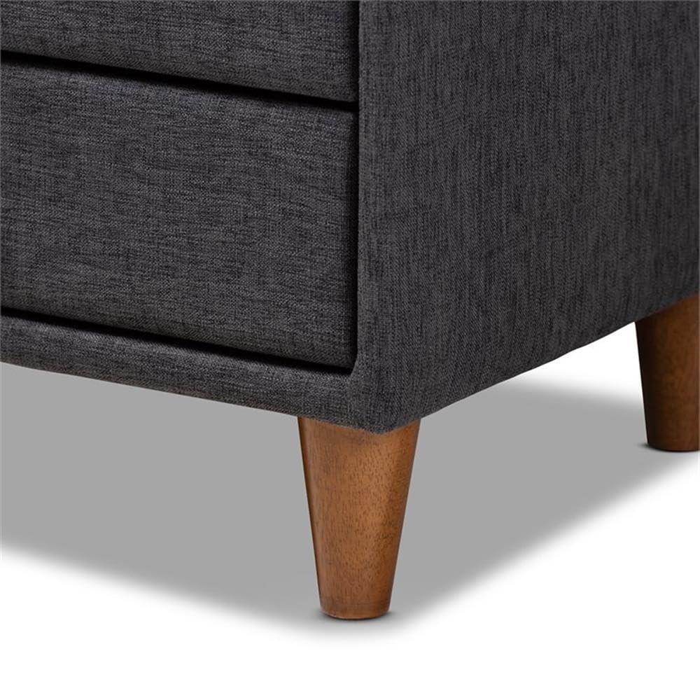 Baxton Studio Claverie Mid-Century Modern Nightstand - Charcoal Fabric Upholstered 2-Drawer Wood Bedside Table for Bedroom Furniture & Home Decor