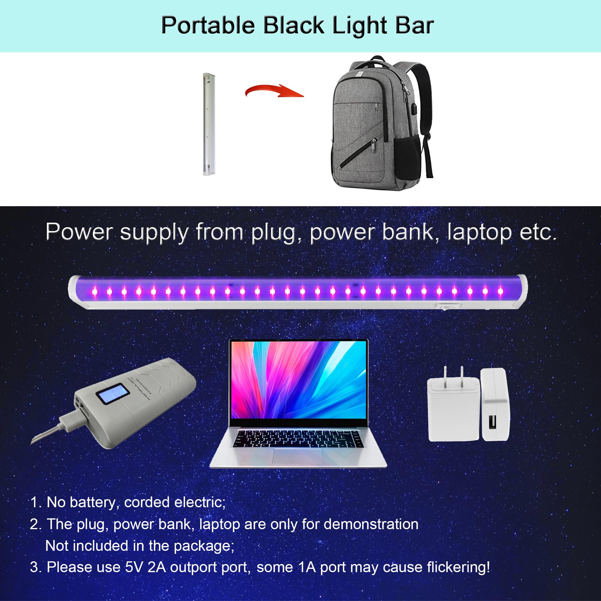 TITO 10W 1ft USB LED Black Light Bar with Magnetic Mount - 395nm UV Blacklight for Glow in The Dark Party, Bedroom Decor, Fluorescent Posters & Body Paint - Perfect for Neon Displays, Rave Parties & Home Theater Lighting