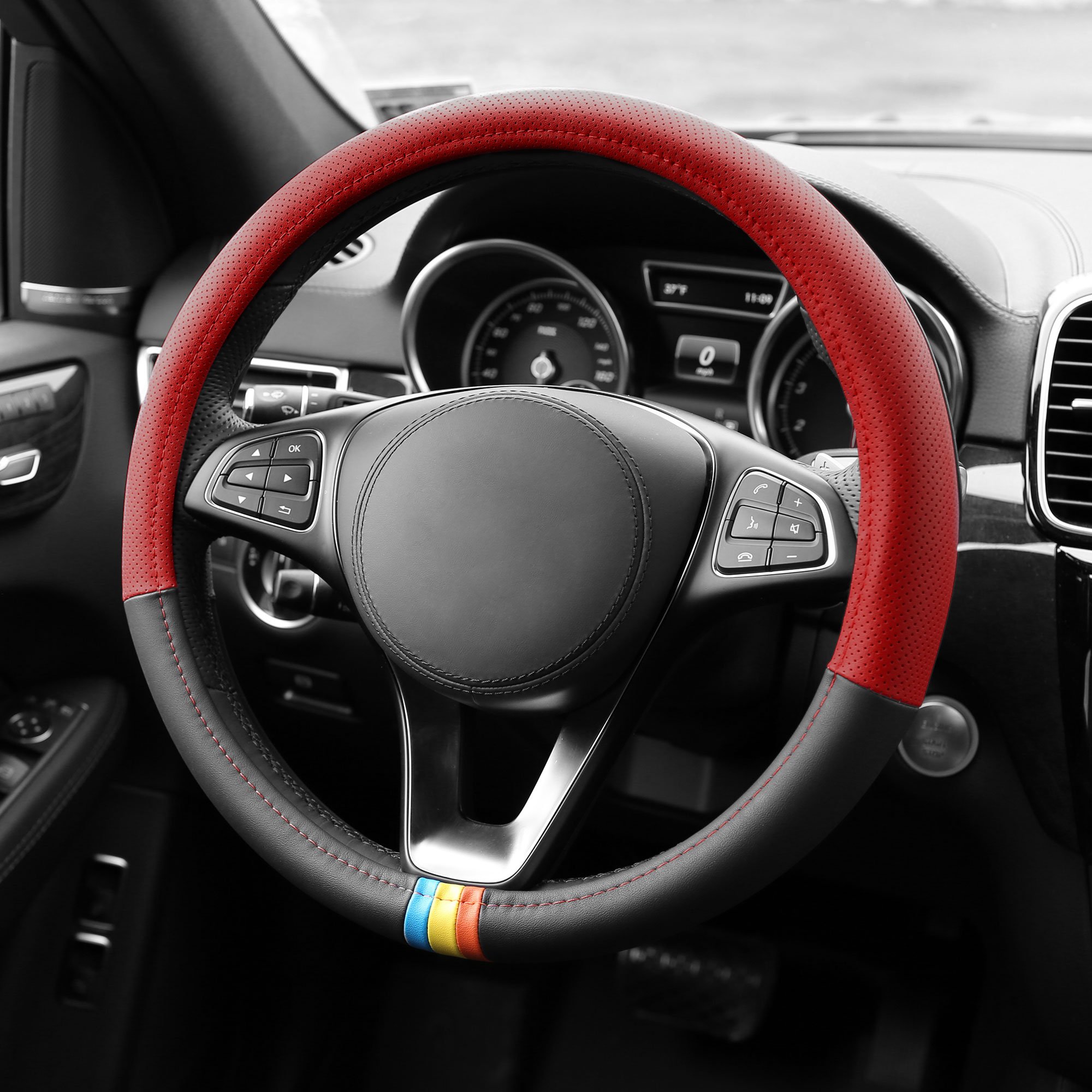 FH Group Full Spectrum Microfiber Leather Steering Wheel Cover - Universal Fit for Cars & SUVs (Red) - Non-Slip Grip & Comfort for Long Drives, Commuting & Road Trips