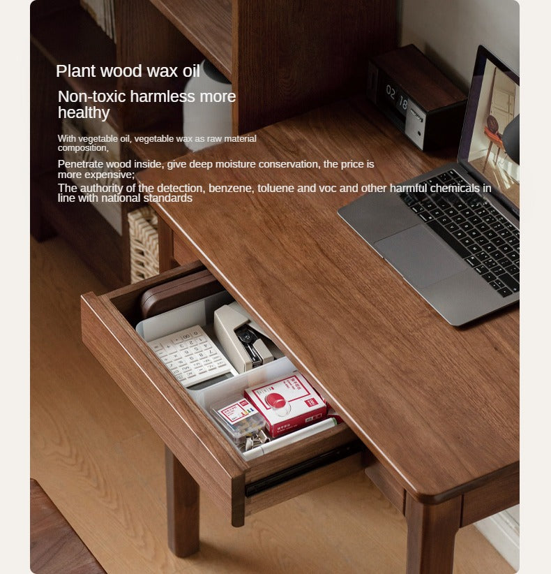Premium Black Walnut Solid Wood Writing Desk with 3 Drawers - Modern Home Office Furniture for Study, Work & Remote Workspace
