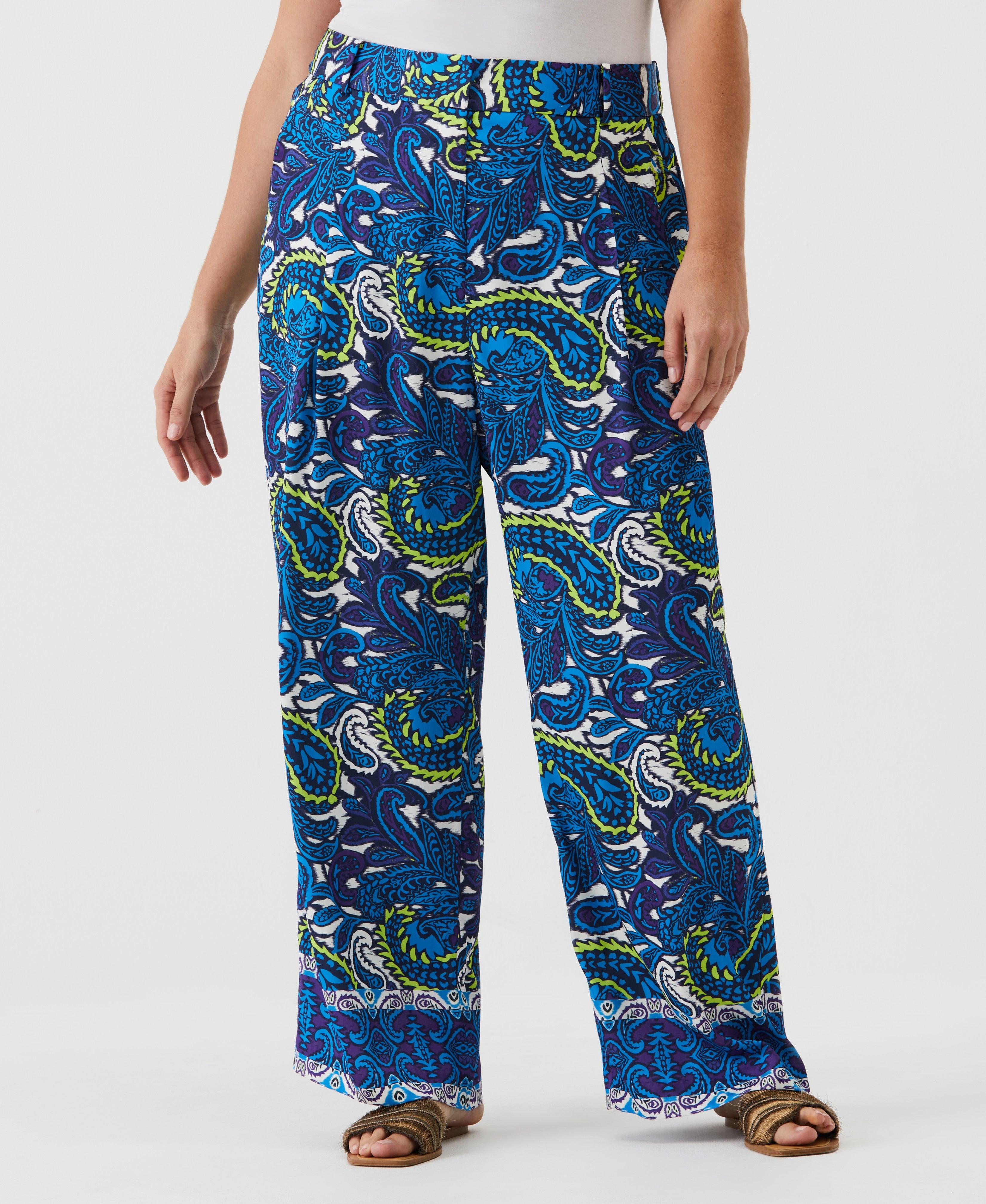 Stylish Plus Size Paisley Print High Rise Wide Leg Pants for Women - Comfortable & Flattering Palazzo Trousers for Work, Casual Outfits and Special Occasions