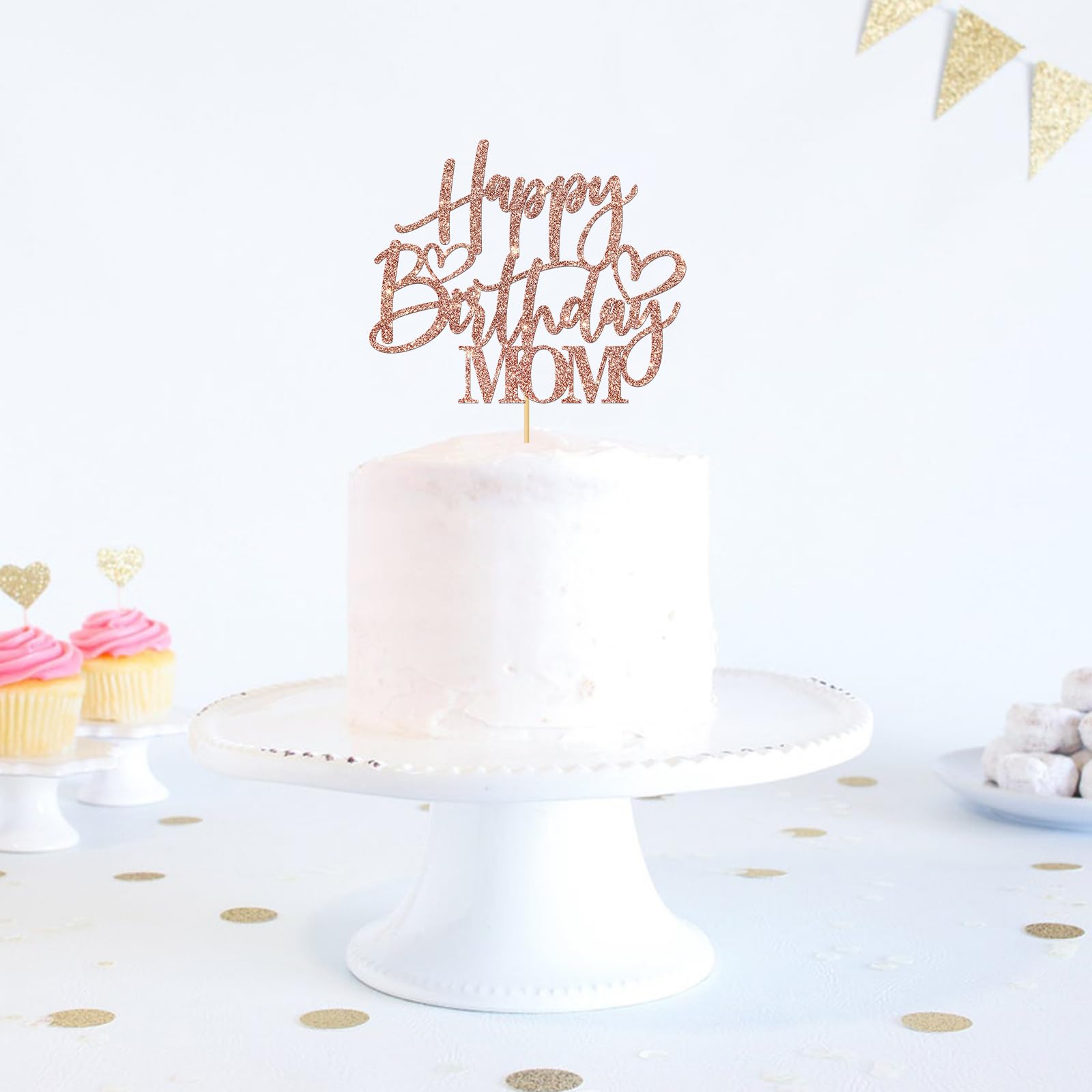 Happy Birthday Mom Cake Topper - Rose Gold Glitter Mother's Birthday Party Decorations - Women's Birthday Party Supplies - Perfect for Mother's Day, Anniversary & Special Celebrations