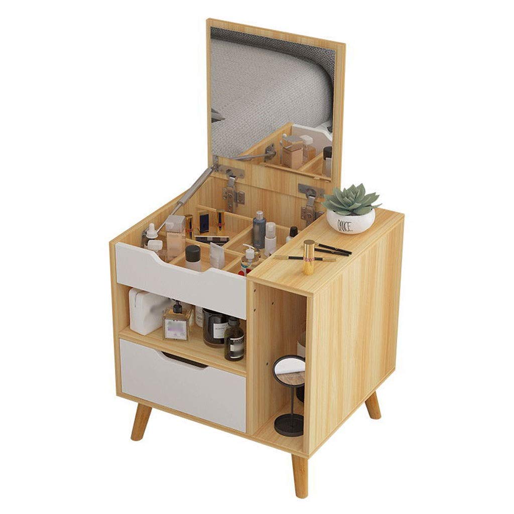 YIXIN2013SHOP Natural Wood Makeup Vanity Table with Flip Top Mirror, 1 Drawer & 3 Storage Organizers - Convertible Writing Desk & Bedside Table for Small Spaces - Easy Assembly for Bedroom, Dorm, or Apartment