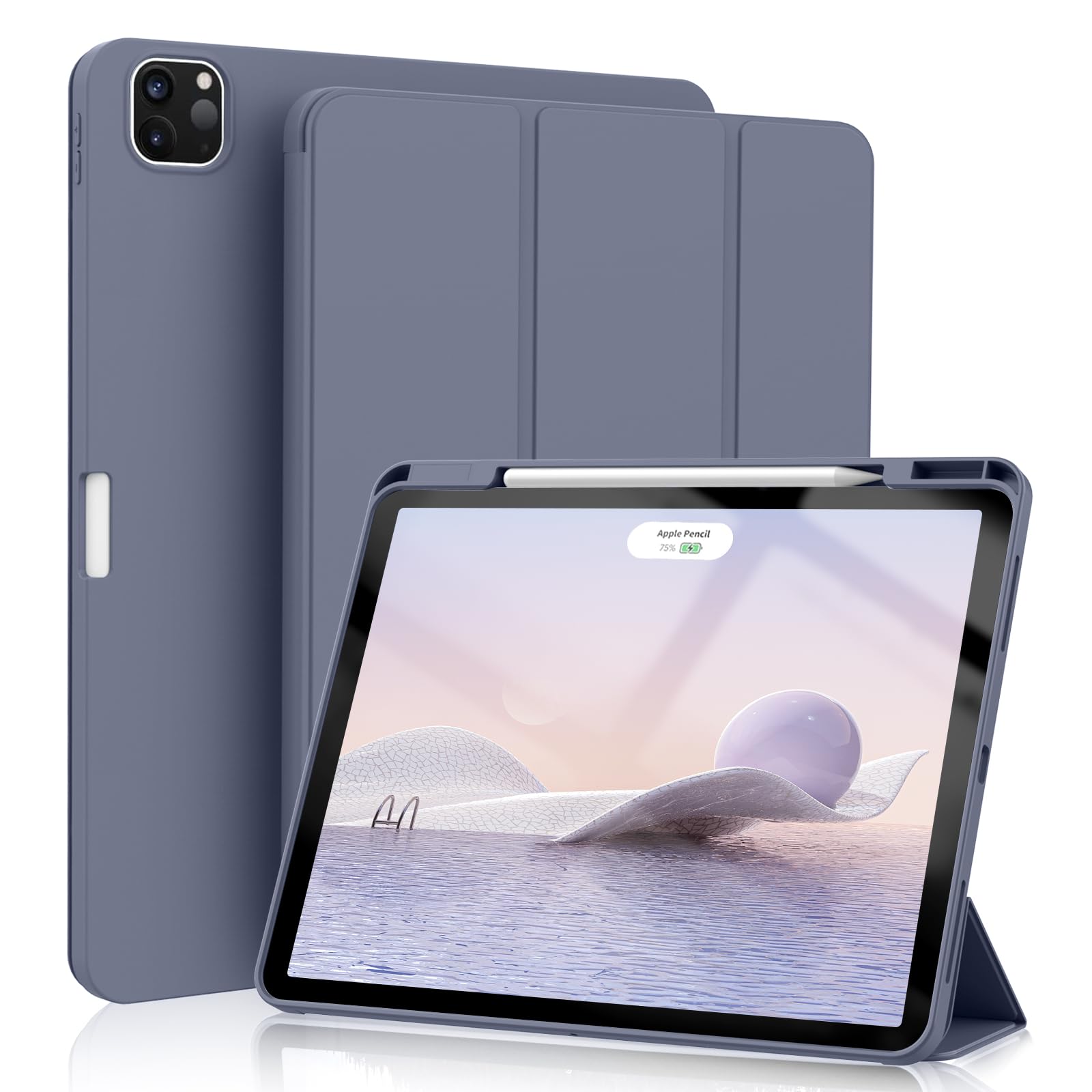 KenKe iPad Pro 12.9 Case (6th/5th Gen 2022/2021) & iPad Air 13 Case (M3/M2 2025/2024) - Premium Trifold Stand Cover with Pencil Holder, Auto Wake/Sleep - Purple Gray - Perfect for Work, Study & Travel