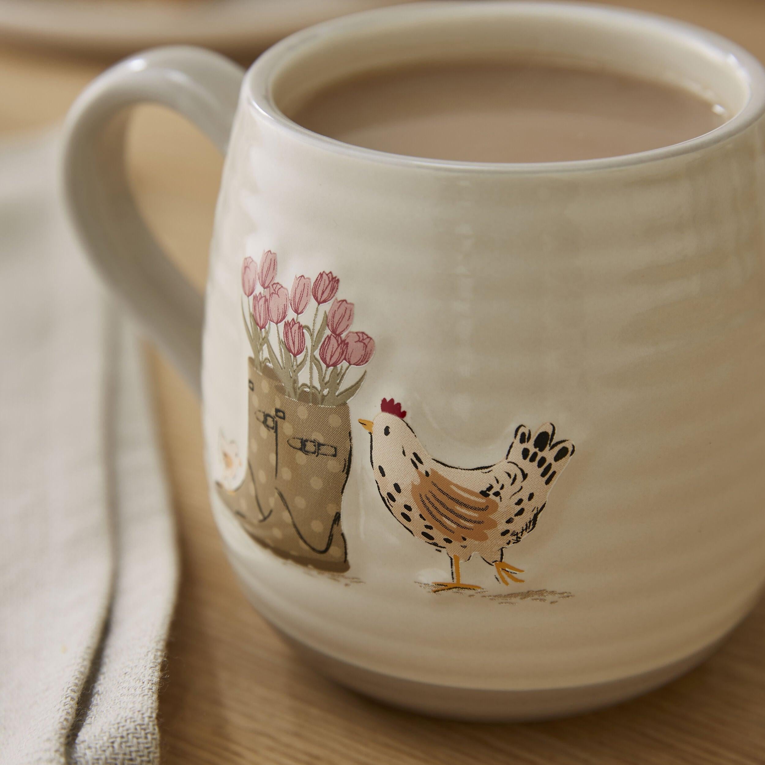 Hen House Lane Belly Mug - Farmhouse Style Ceramic Coffee Cup with Wellies & Hens Design - Perfect for Farmhouse Decor, Country Kitchen, or Gift for Chicken Lovers