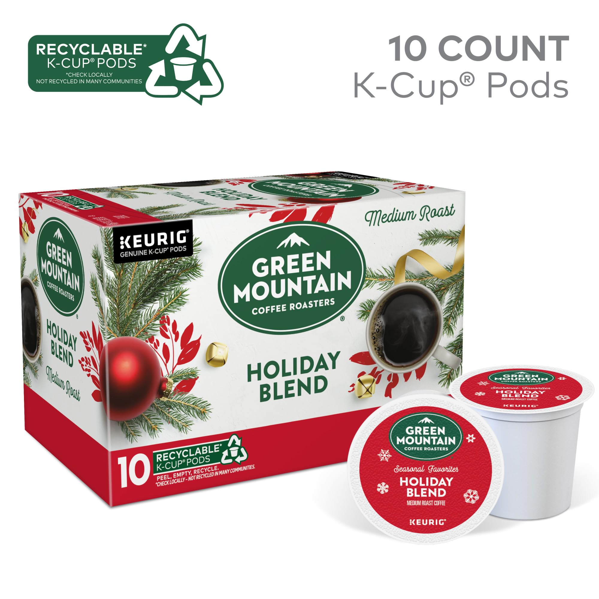 Green Mountain Coffee Roasters Holiday Blend K-Cups - 10 Count Single Serve Coffee Pods for Keurig Brewers - Perfect for Christmas Morning & Winter Gatherings