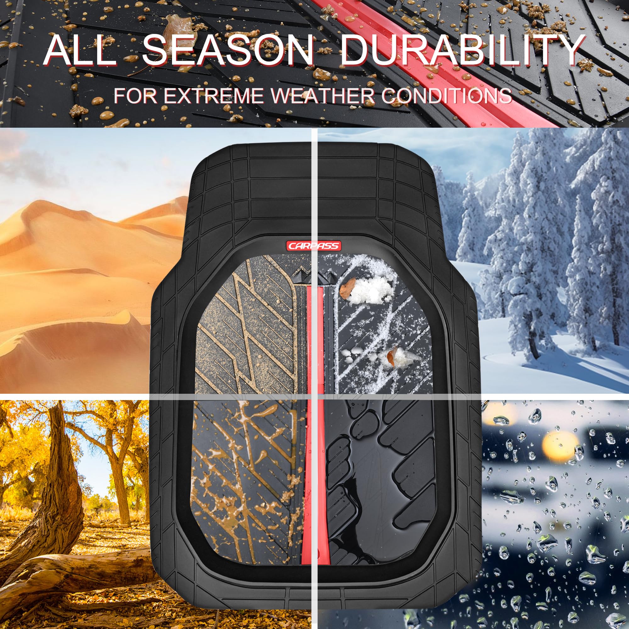 Heavy Duty All Weather Rubber Floor Mats for Cars & SUVs - CAR PASS Tire Tread DeepDish Design, Universal Fit (Trim to Size), Waterproof 3-Piece Set (Red/Black) - Perfect for Trucks, SUVs & Off-Road Vehicles in Rain, Snow & Mud Conditions