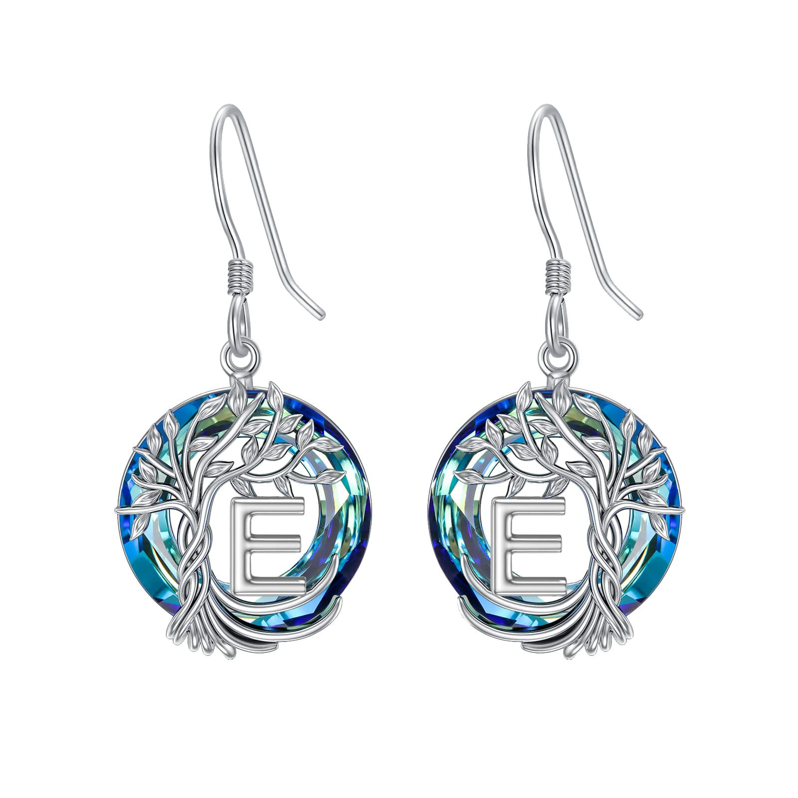 TOUPOP Tree of Life Initial Earrings - 925 Sterling Silver A-Z Letter Drop Dangle Earrings with Blue Circle Crystal, Valentine's Day, Anniversary & Birthday Gift for Women, Her Girlfriend or Mom | Perfect for Romantic Occasions, Date Nights & Special Celebrations