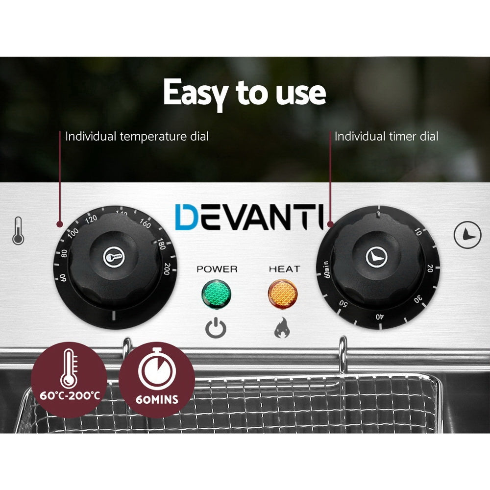 Devanti 20L Commercial Deep Fryer - 4400W Electric Fryer with Double Baskets for Restaurants, Food Trucks & Catering Businesses - Perfect for Frying Chicken, Fish, Fries & More
