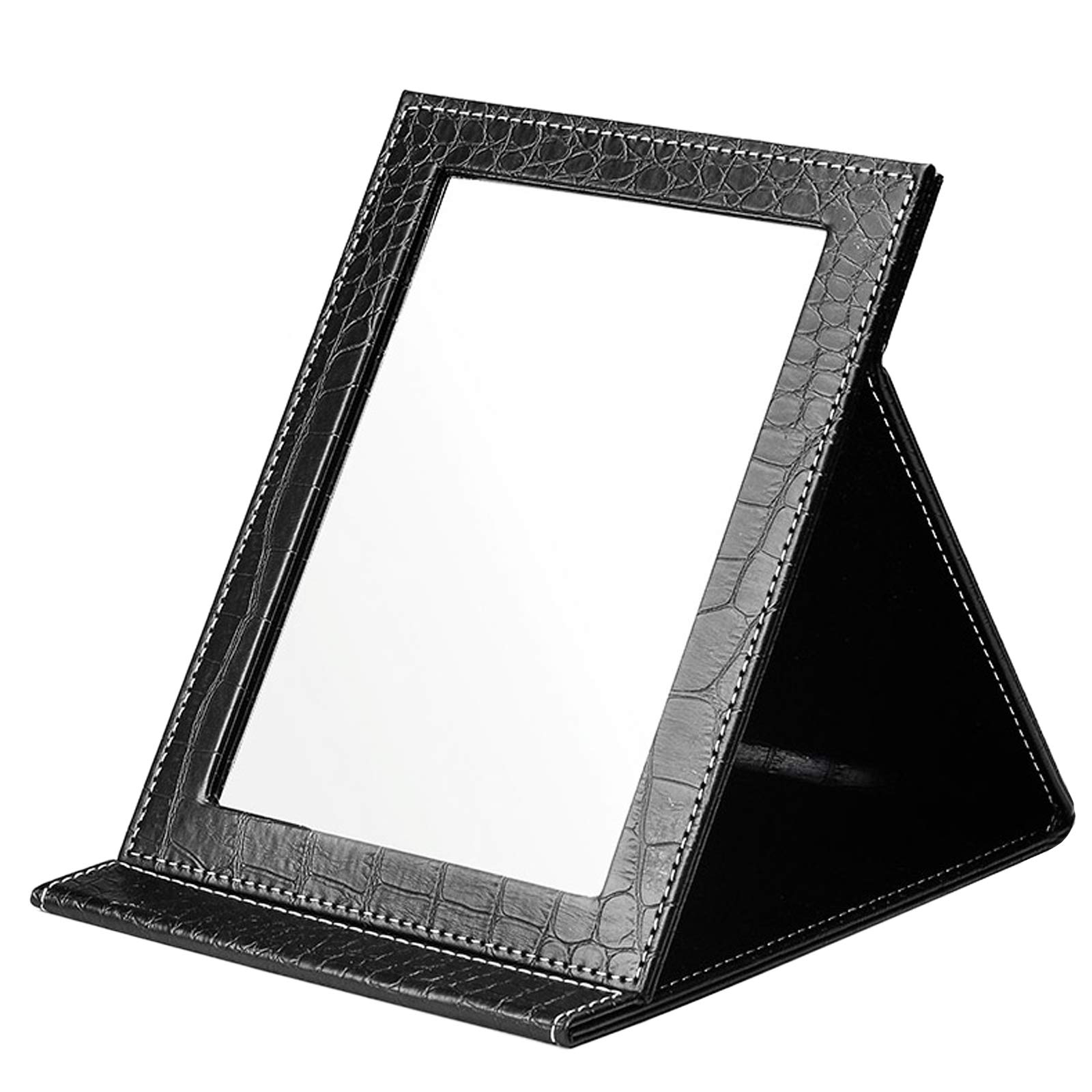 Portable Folding Makeup Mirror with PU Leather Cover - Adjustable Desktop Vanity Mirror for Travel, Home Decor & Cosmetic Organization - Perfect for Dressing Table, Bedroom, Bathroom & On-the-Go Touch Ups (Black)