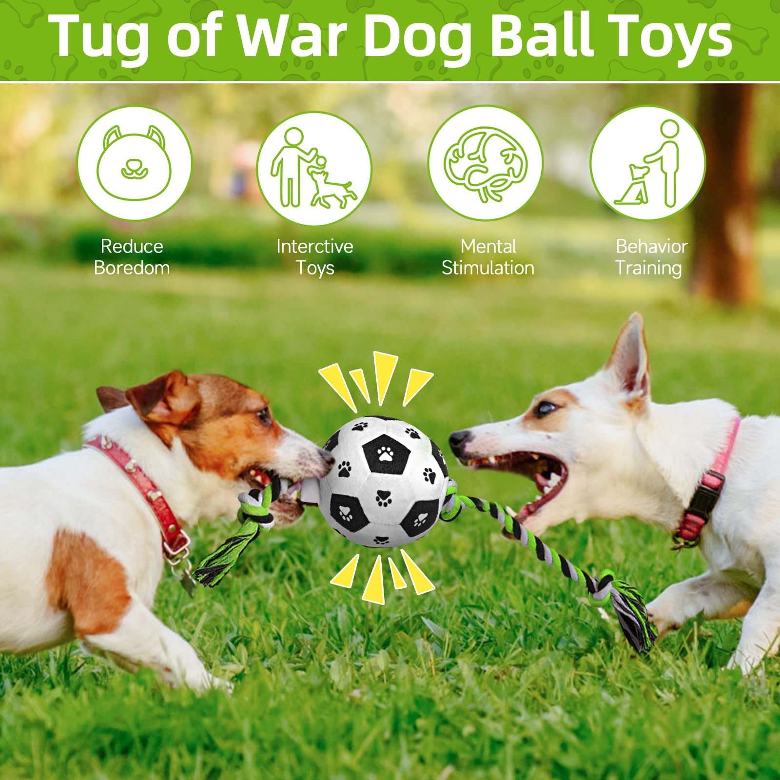 QDAN Durable Dog Rope Toy - Interactive Tug of War Soccer Ball with Handle Strap - Plush Chew Toy for Small & Medium Dogs - Perfect for Outdoor Play, Training & Birthday Gifts (Black, Medium Size)