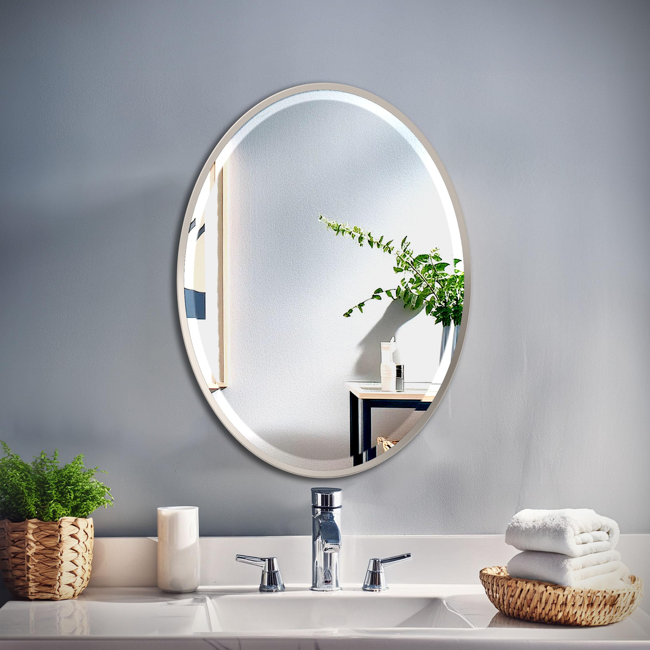 Gatco 1830 Modern Oval Bathroom Wall Mirror 28x21 Inch - Slim Beveled Framed Vanity Mirror in Satin Nickel for Bathroom, Living Room & Bedroom - Easy Mount Safety Bracket - Perfect for Home Decor & Makeup Area
