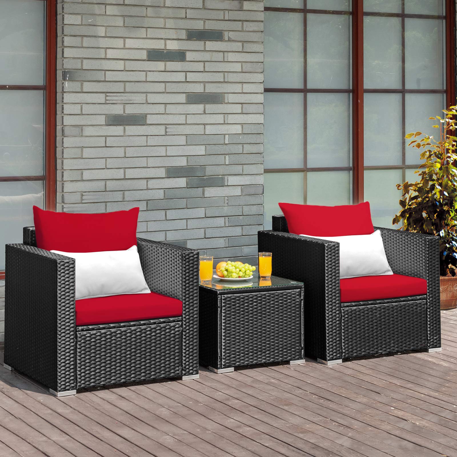 Tangkula 3-Piece Outdoor Patio Furniture Set - PE Rattan Wicker Sofa with Washable Cushions & Tempered Glass Table - Garden, Poolside, Backyard Conversation Set (Red) | Perfect for Outdoor Relaxation, Entertaining Guests, and Lounging by the Pool