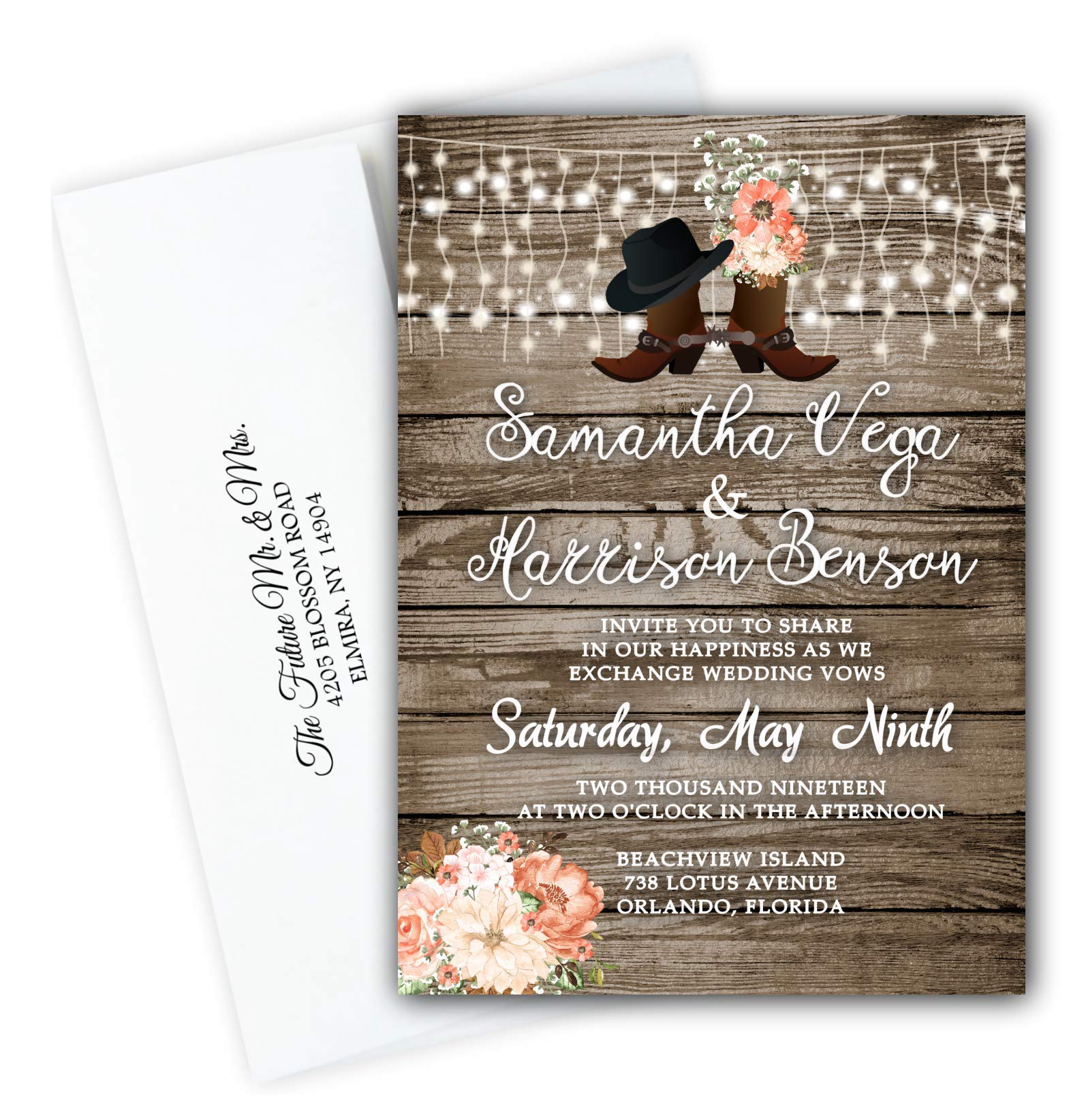Personalized Country Boots Wedding Invitations - Custom Rustic Set of 50 with RSVP Cards in Pink & Brown - Perfect for Rustic Weddings, Barn Weddings & Country-Themed Events