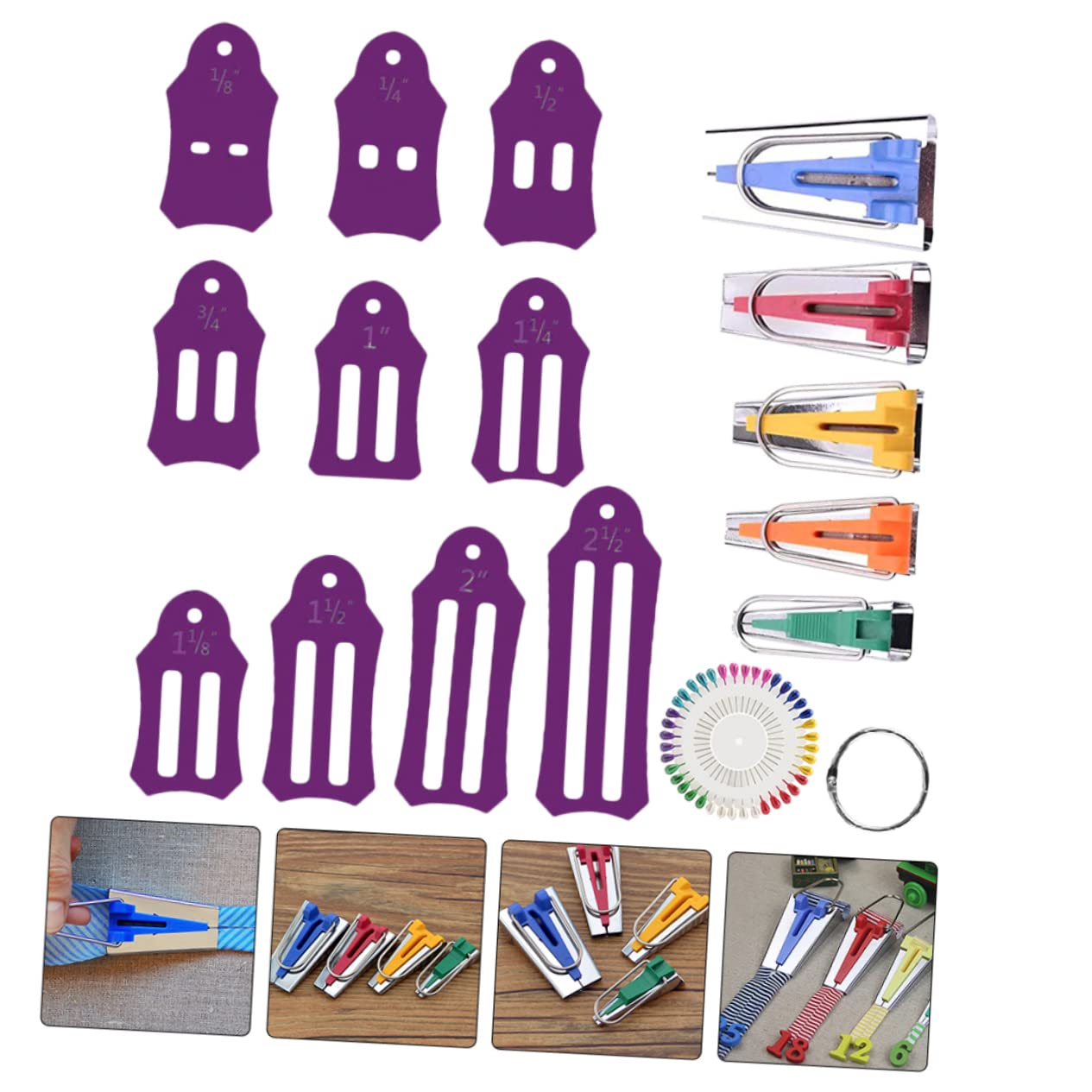 KONTONTY 1 Set Multi-Size Bias Tape Maker Tool Kit with Sewing Clips - Professional Fabric Folding Tools for Quilting, Sewing & DIY Craft Projects - Perfect for Dressmaking, Hemming & Scrapbooking