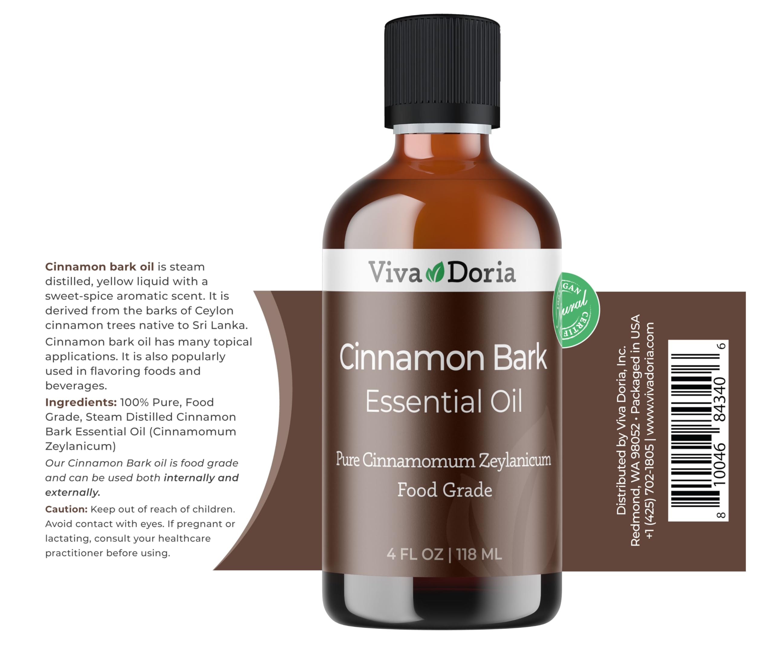Viva Doria 100% Pure Natural Cinnamon Bark Essential Oil - Undiluted Aromatherapy Oil | Food Grade 4oz (118mL) for Diffusers, Massage & Baking | Relaxing Spice Scent for Home, Spa & DIY Recipes