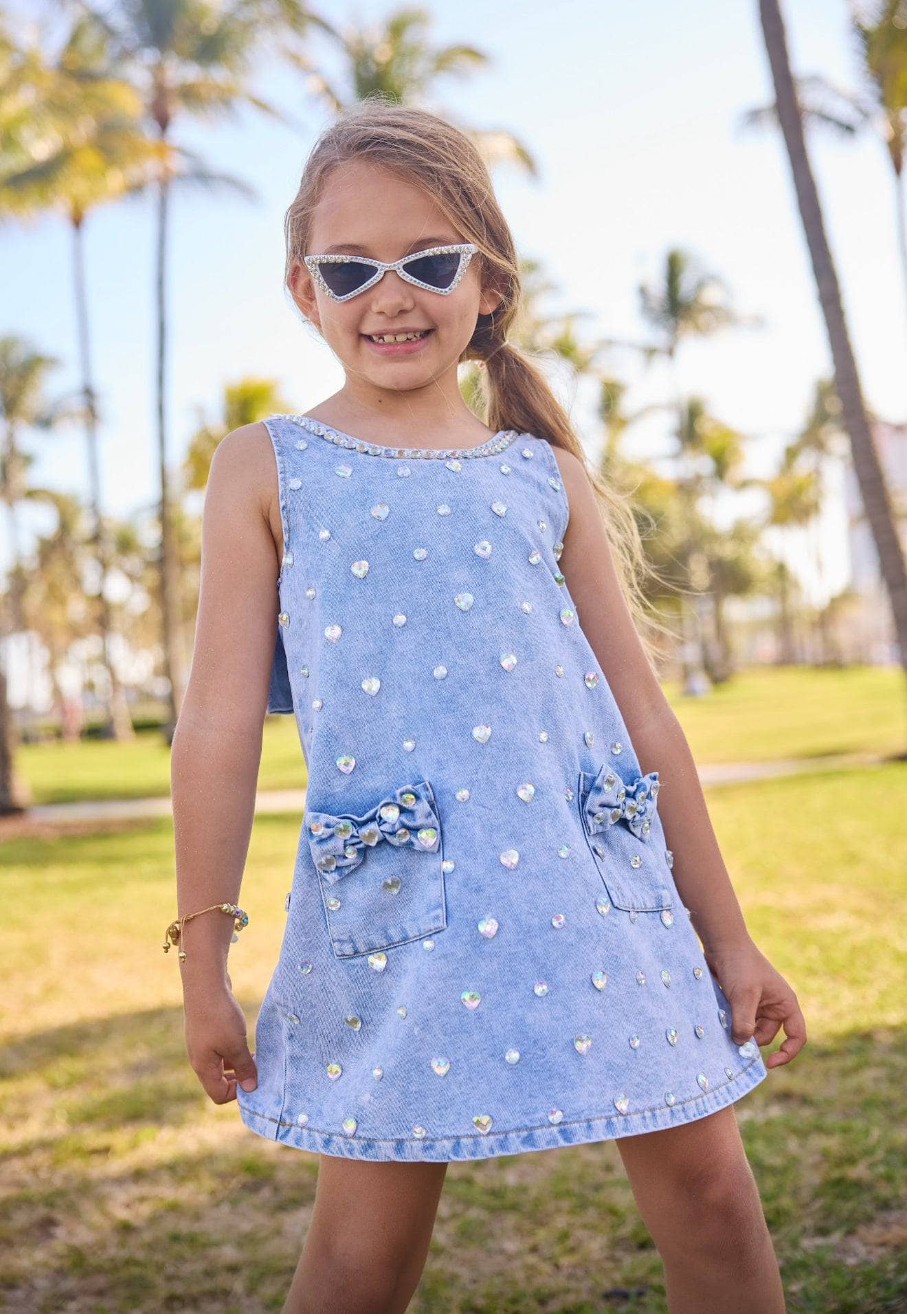 Lola & The Girls Sparkling Crystal Embellished Denim Dress for Kids - Perfect for Birthday Parties, Photo Shoots & Special Occasions