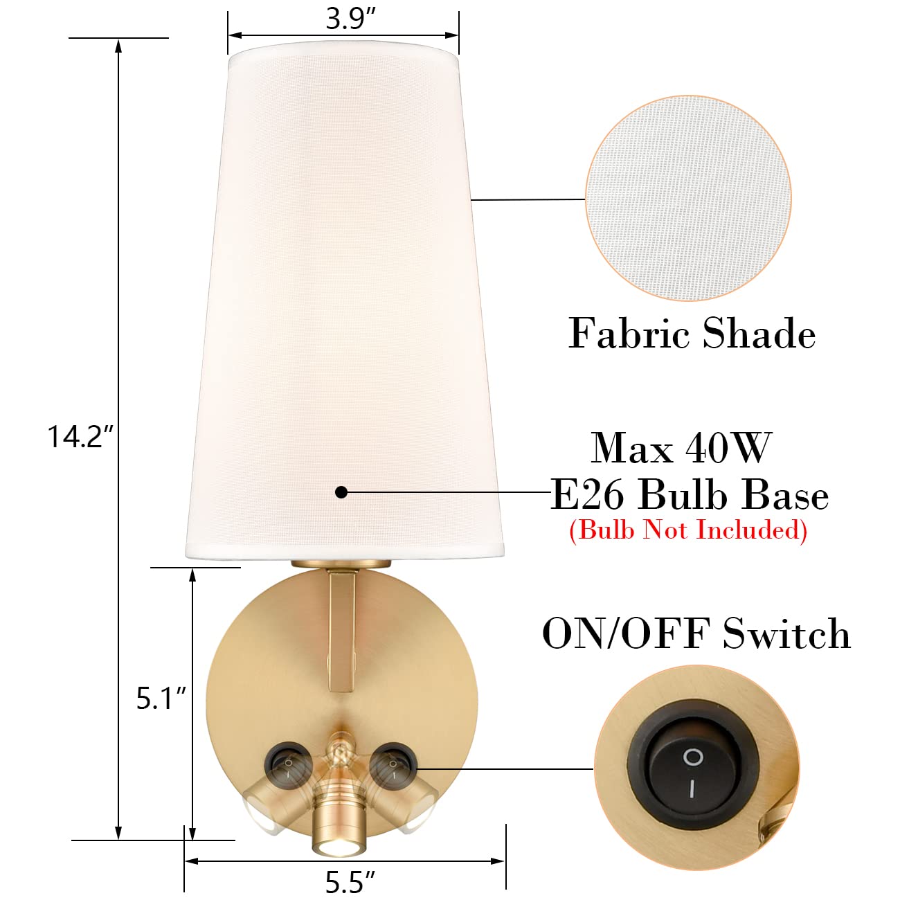 Modern Brass Wall Sconces Set of 2 - Gold USB Wall Lamps with Fabric Shade & Switch - Bedroom, Hallway & Living Room Lighting - Perfect for Ambient Lighting & Home Decor