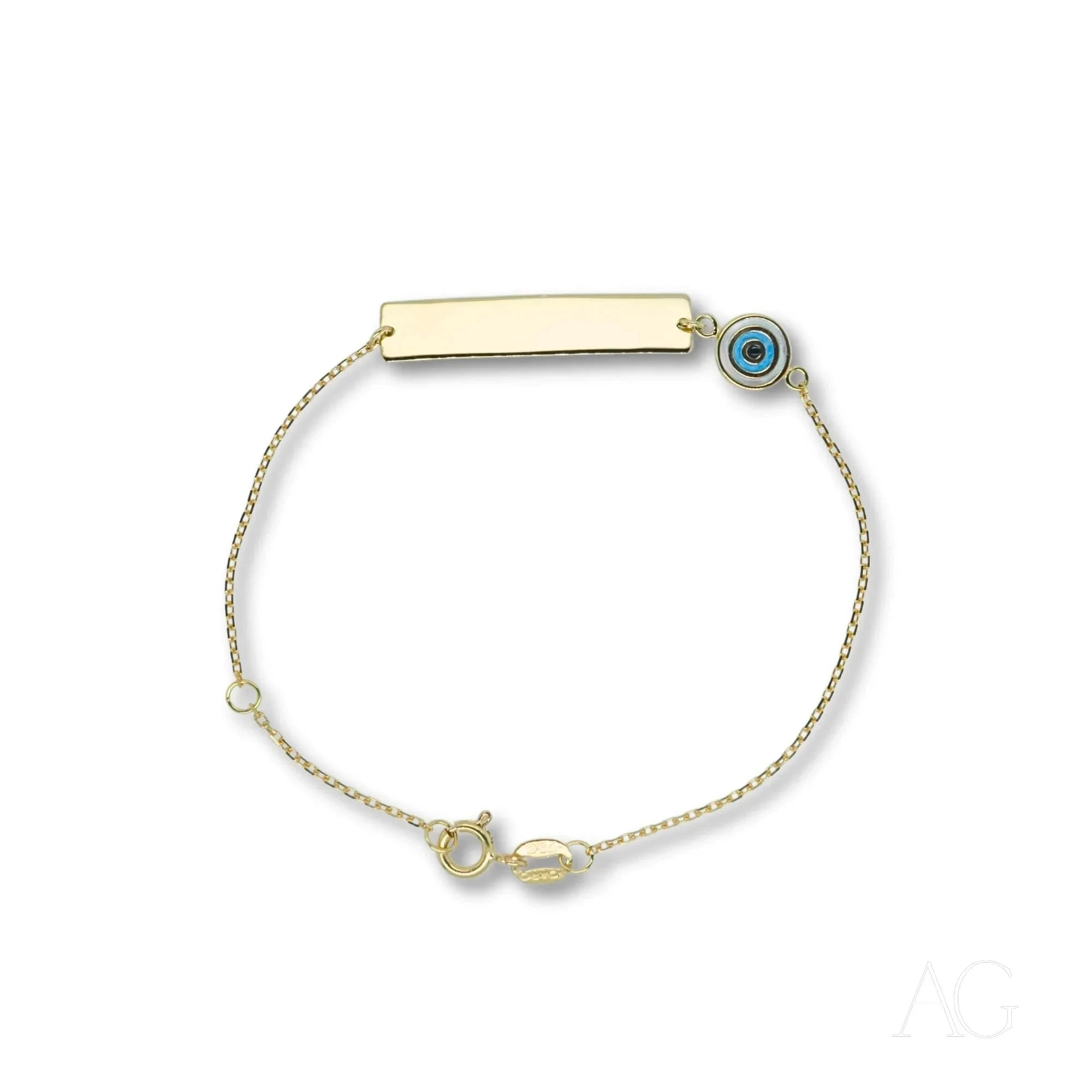 Solid Gold Kids ID Bracelet with Evil Eye Motif - Personalized Name & Birthday Jewelry for Children - Perfect for Birthdays, Gifts & Protection