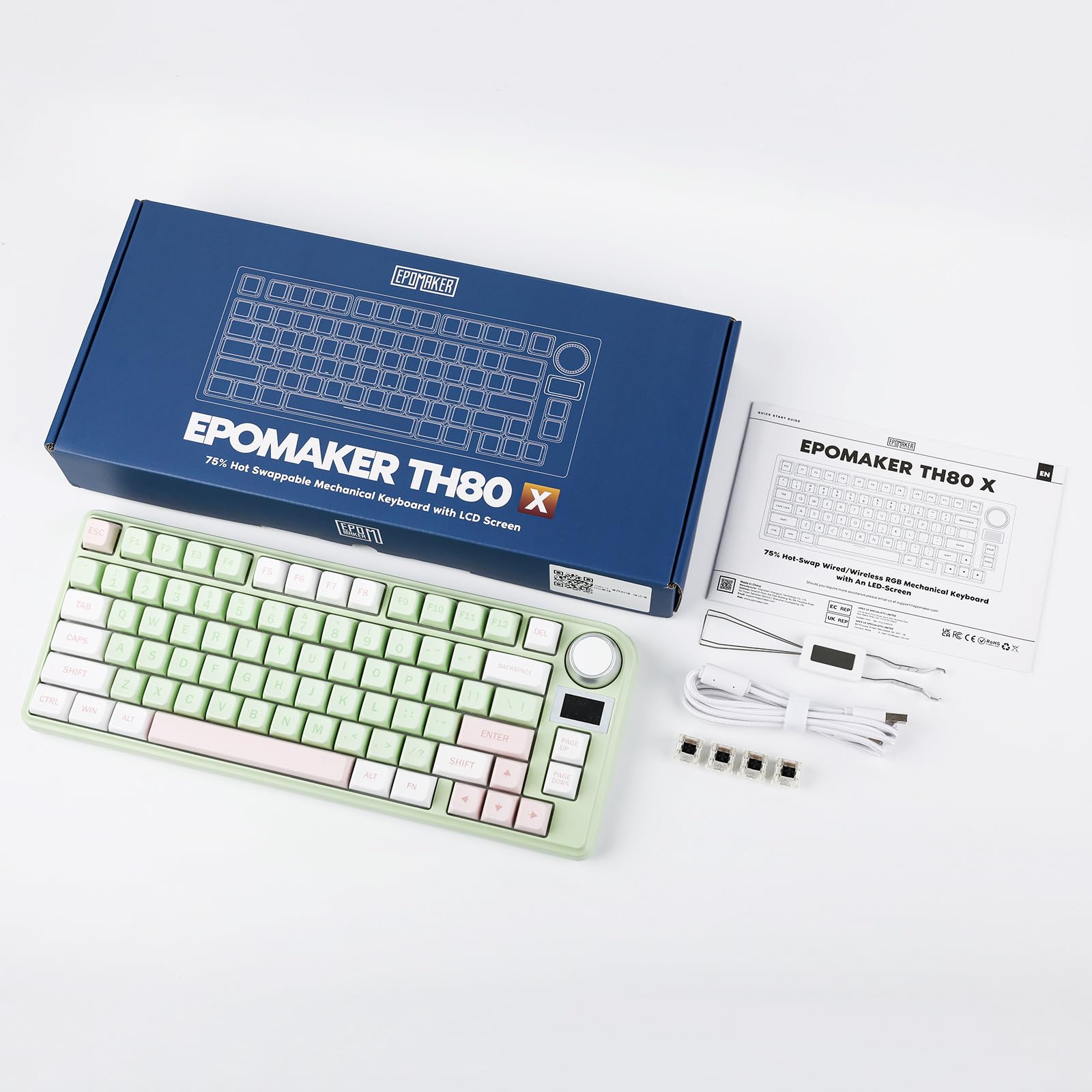 EPOMAKER TH80-X 75% Hot-Swap Mechanical Keyboard - RGB, LCD, 4000mAh for Gaming & Office (Green/Wisteria Switch)